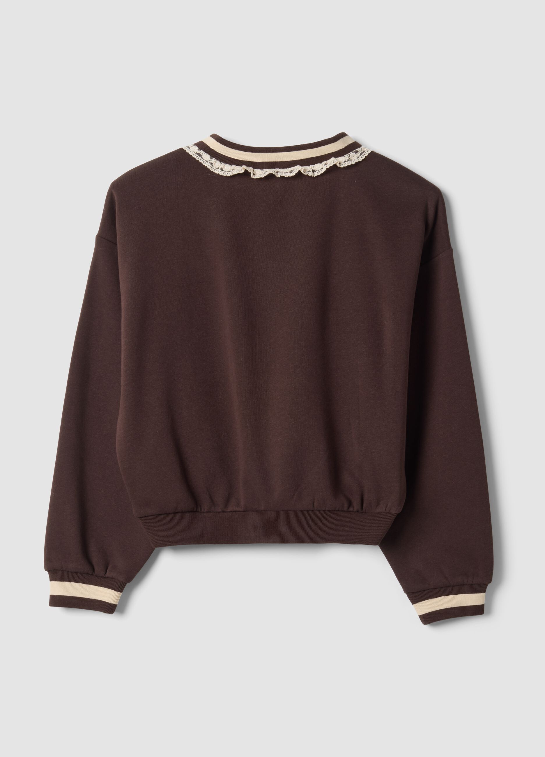Braunes Sweatshirt aus Baumwollmix mit V-Ausschnitt und Spitzendetail