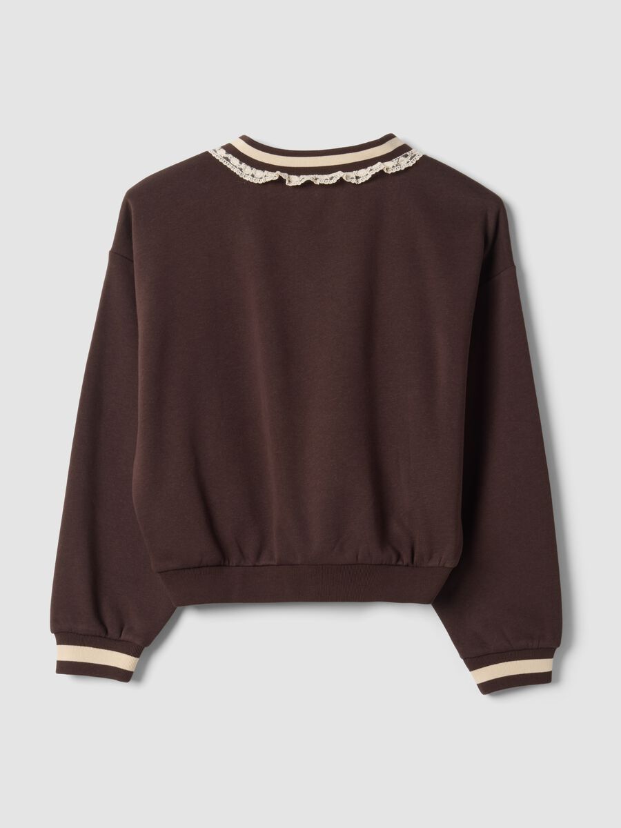 Braunes Sweatshirt aus Baumwollmix mit V-Ausschnitt und Spitzendetail_2