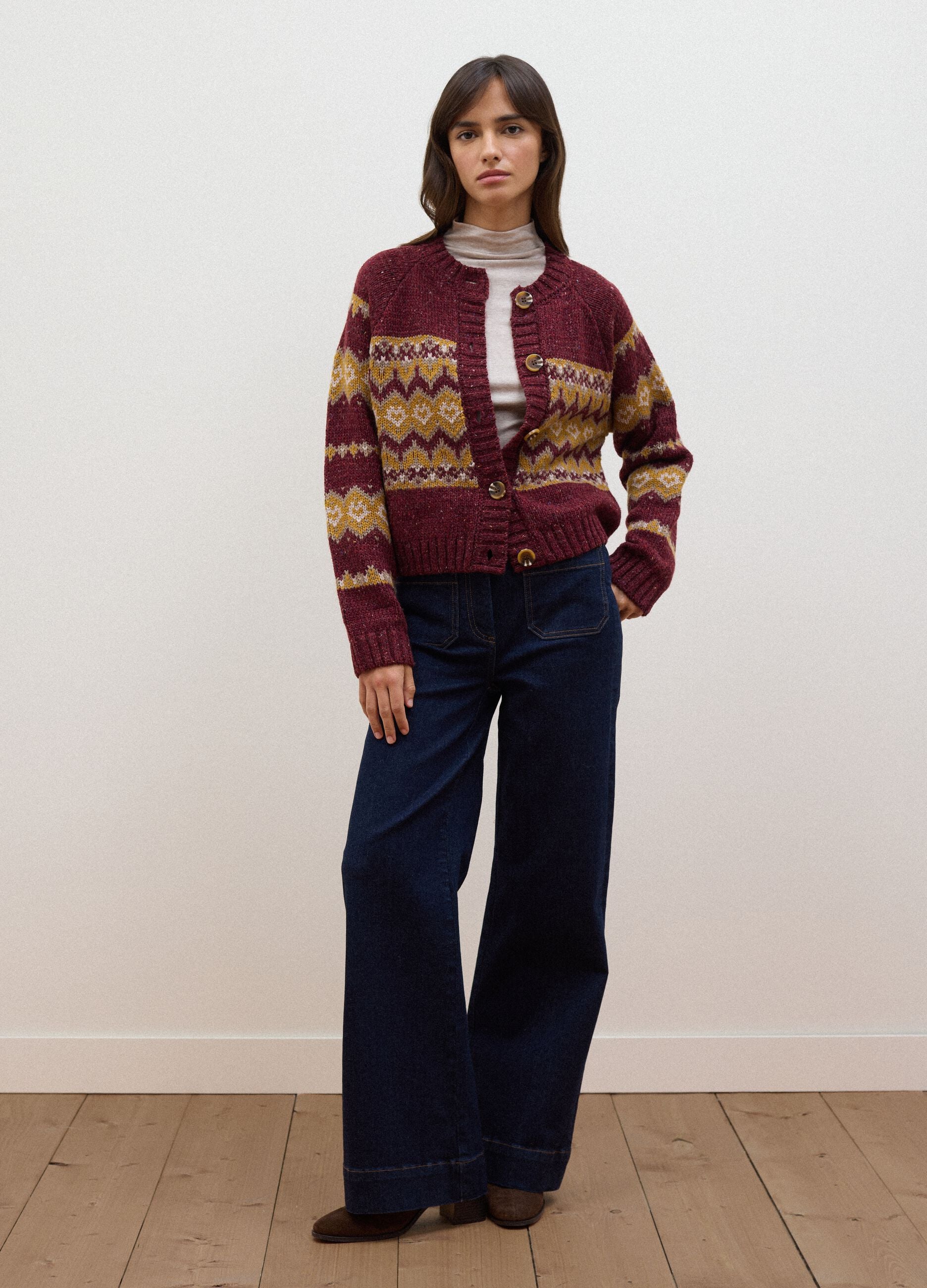 Red crew-neck jacquard wool-blend cardigan, regular fit