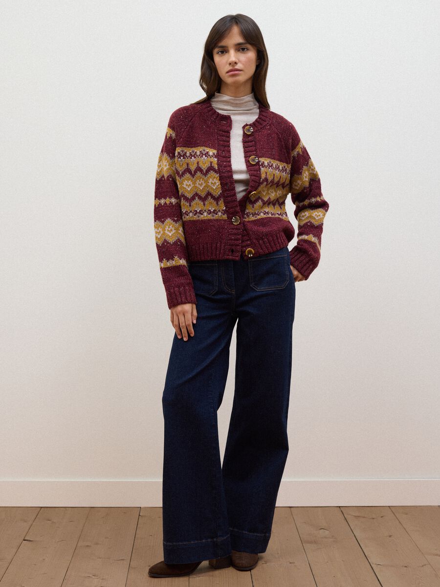 Red crew-neck jacquard wool-blend cardigan, regular fit_1