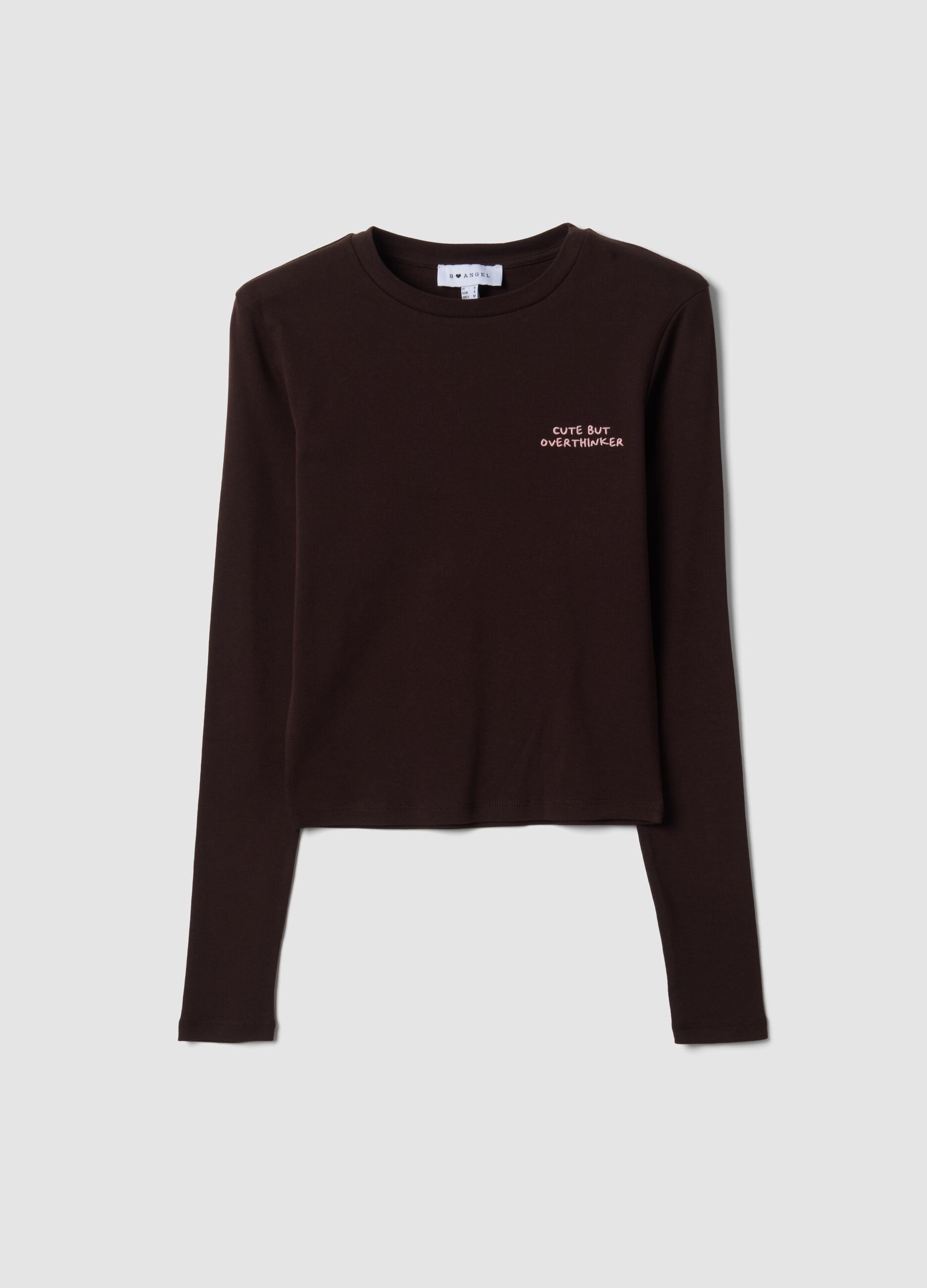 T-shirt marrone in puro cotone con lettering sul petto