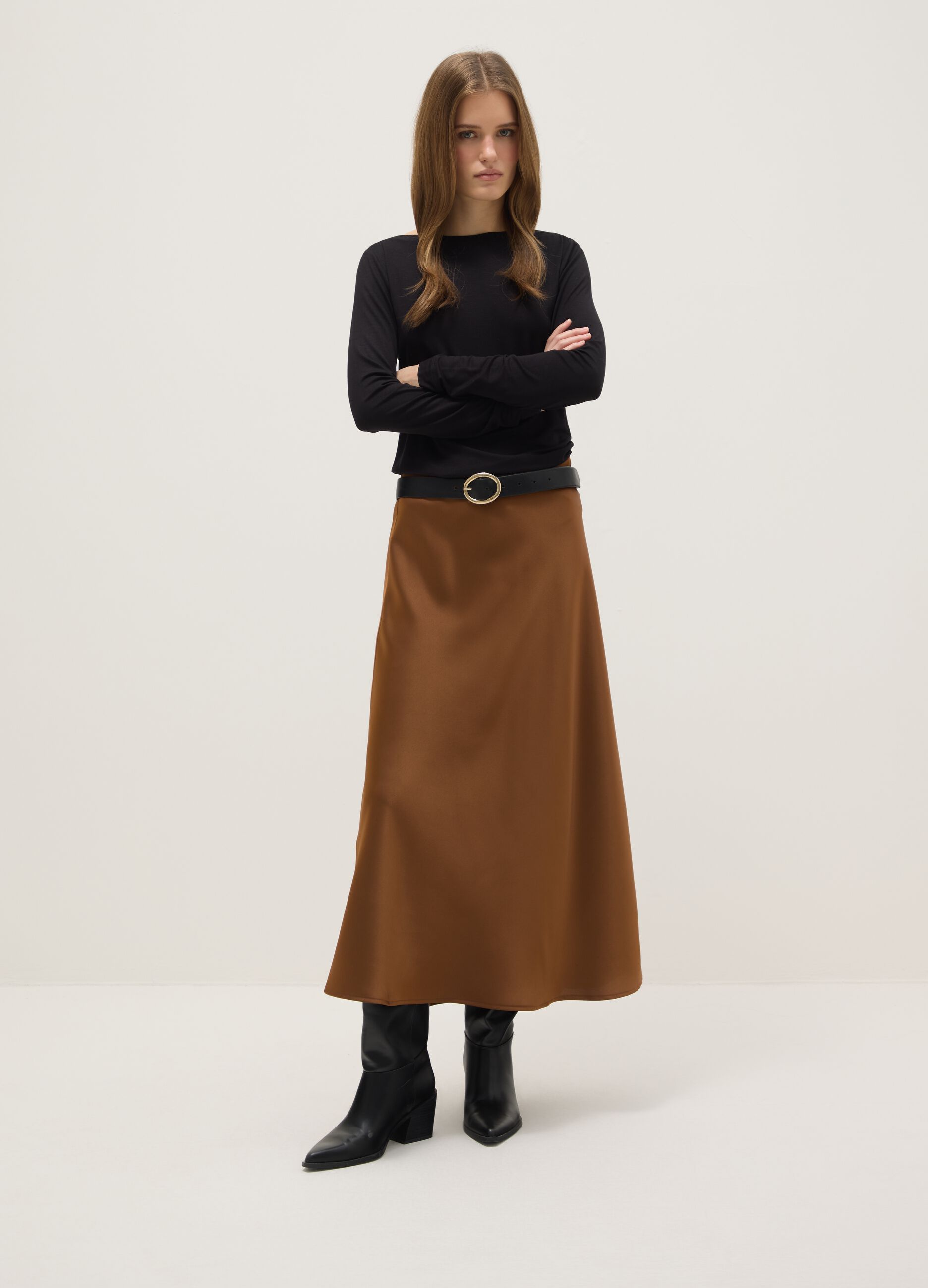Brown Satin Long Skirt