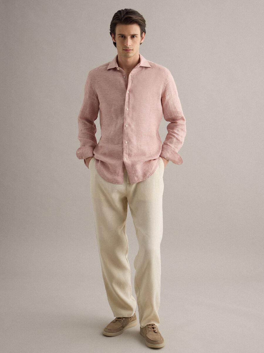 Slim Fit Long Sleeve Pink Pure Linen Shirt_1