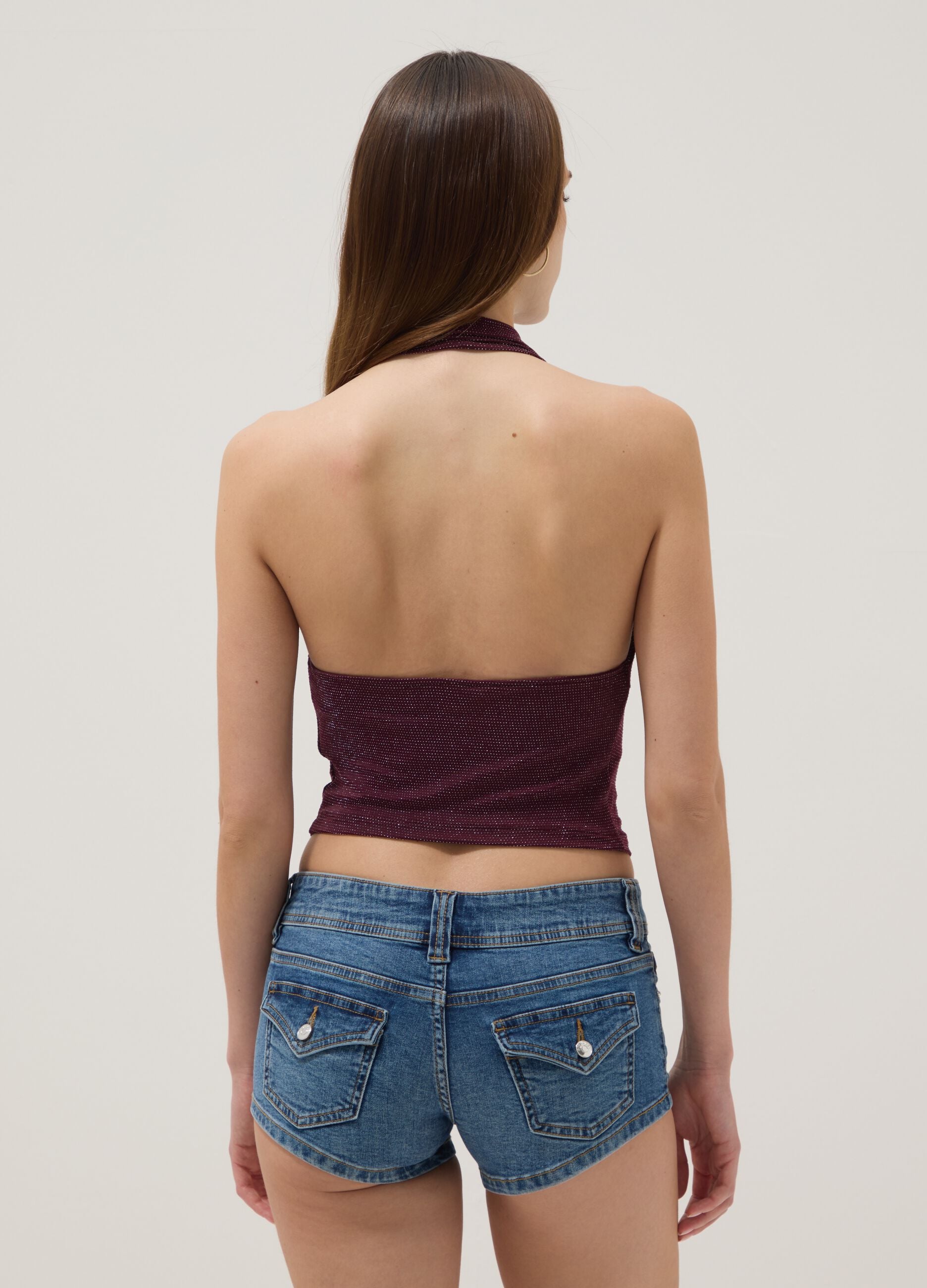 Top halter viola in tessuto elasticizzato regular fit