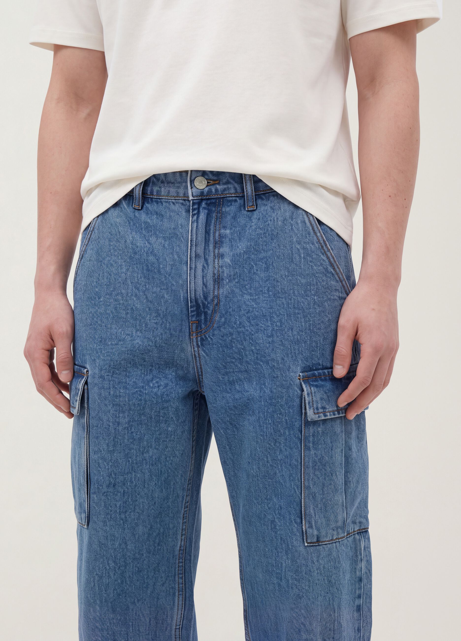 Blue pure cotton wide-leg cargo jeans