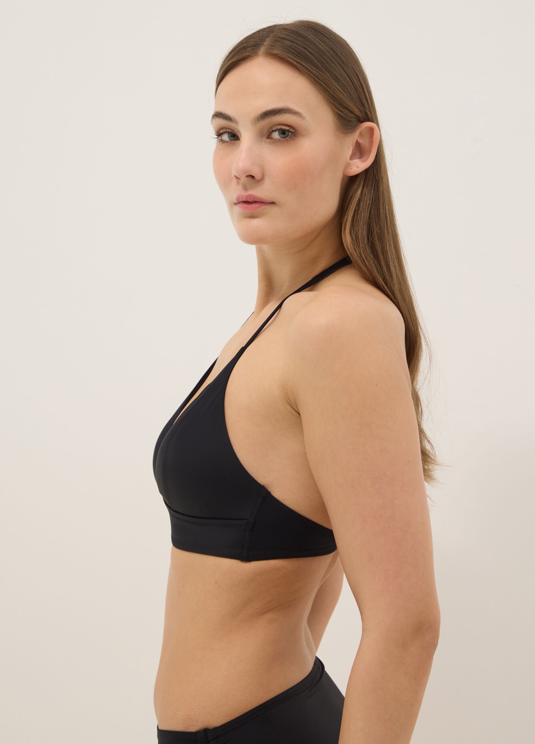 Black stretch bikini top with removable padding