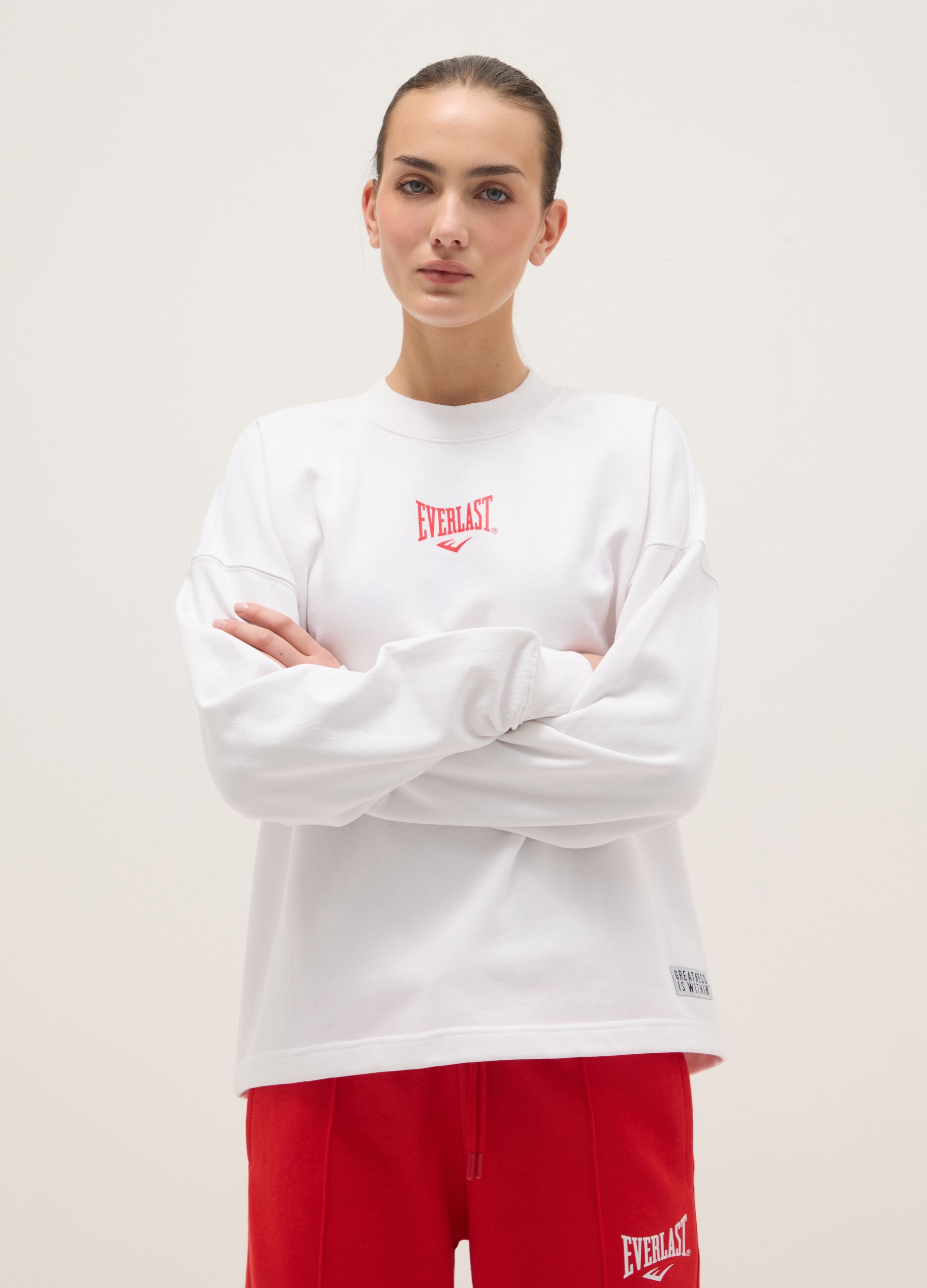 Camiseta branca de manga comprida em mistura de algod&atilde;o, ajuste regular com logotipo