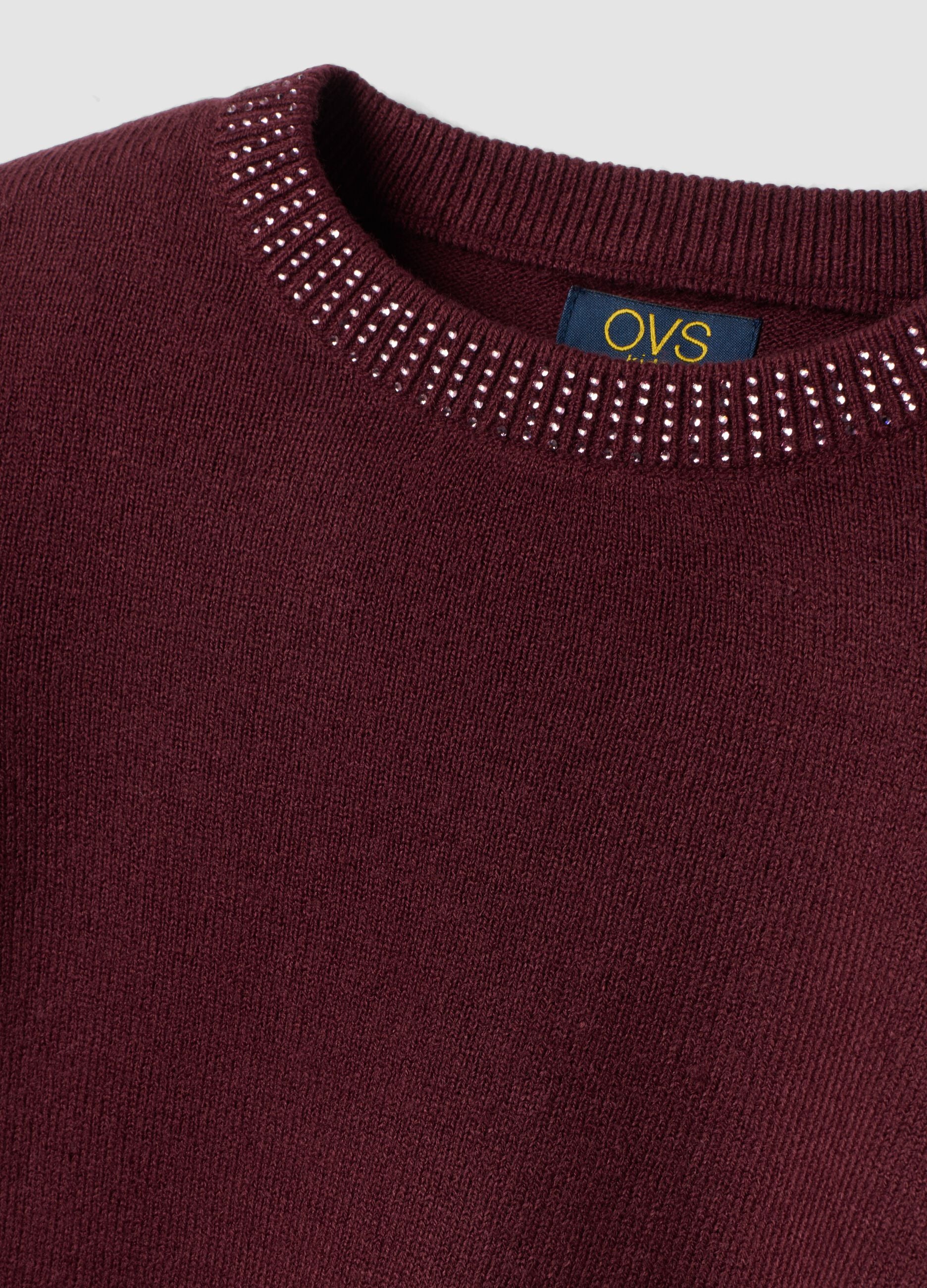 Purple crew-neck jumper with rhinestone details, regular fit