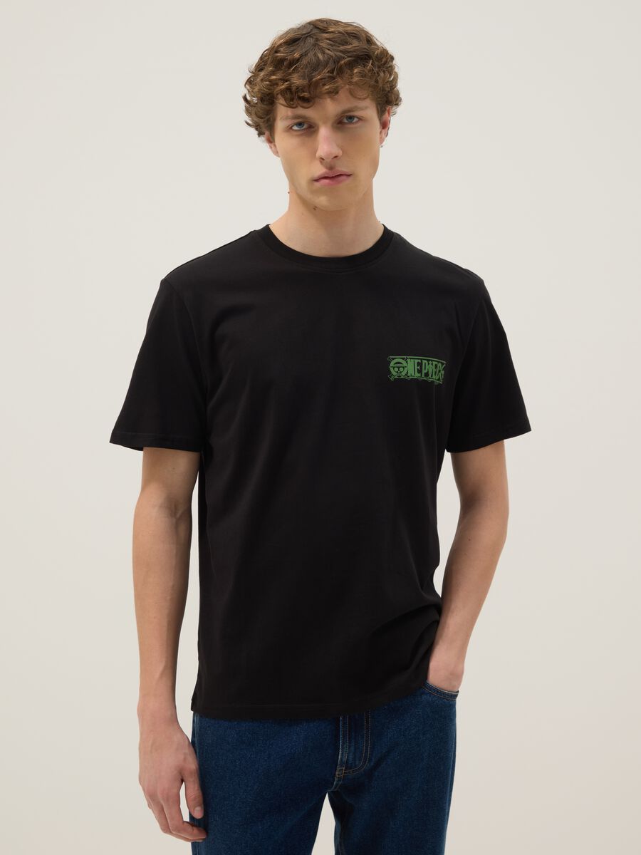 Schwarzes T-Shirt mit One Piece-Print aus reiner Baumwolle, Relaxed Fit_0