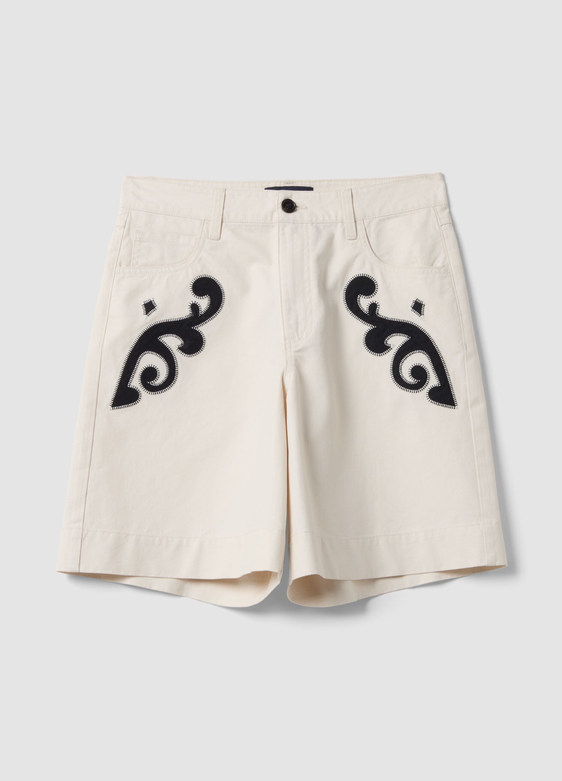 White linen-lyocell blend shorts with contrasting embroidery, regular fit