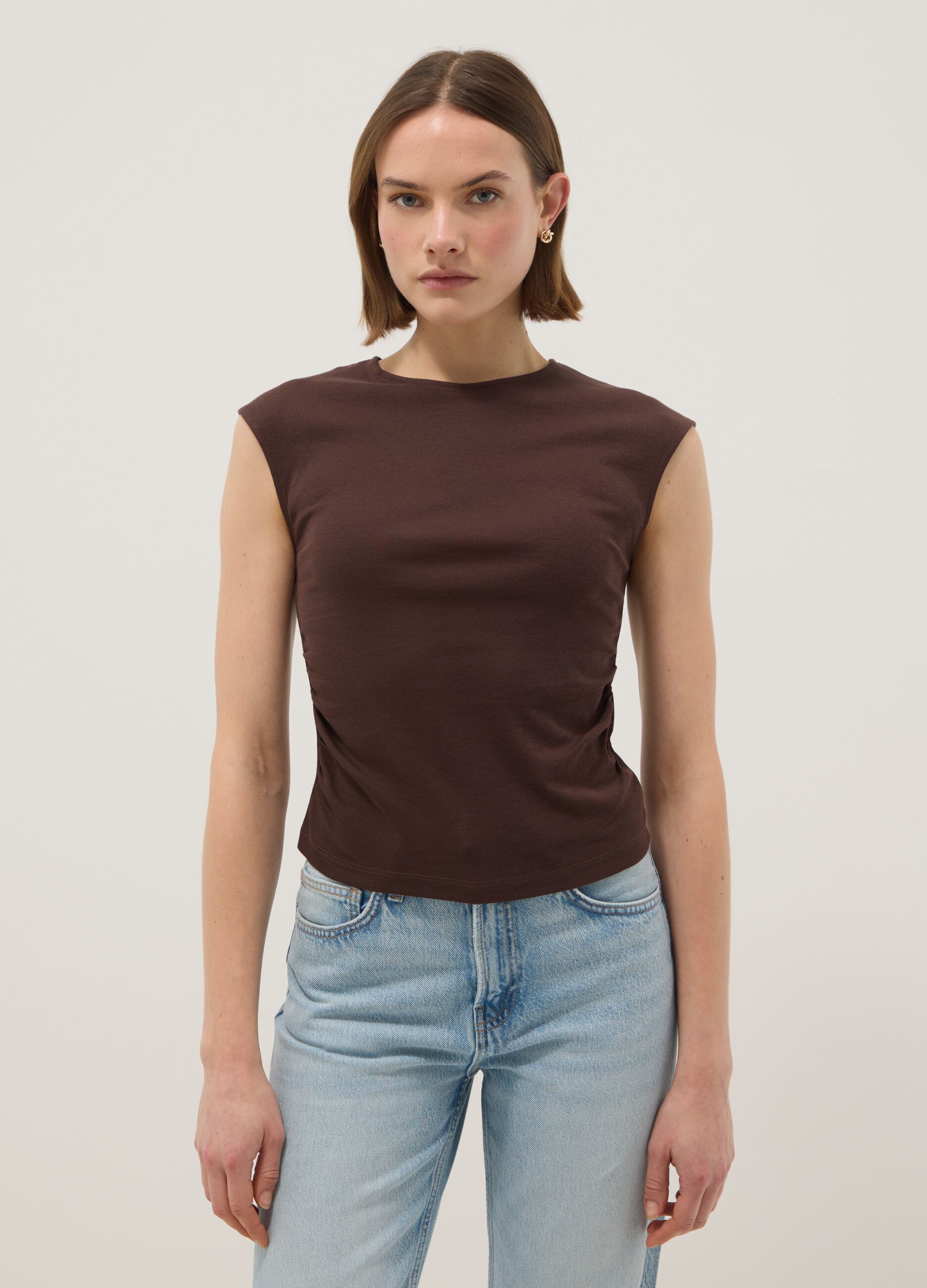 Brown pure cotton regular fit tank top