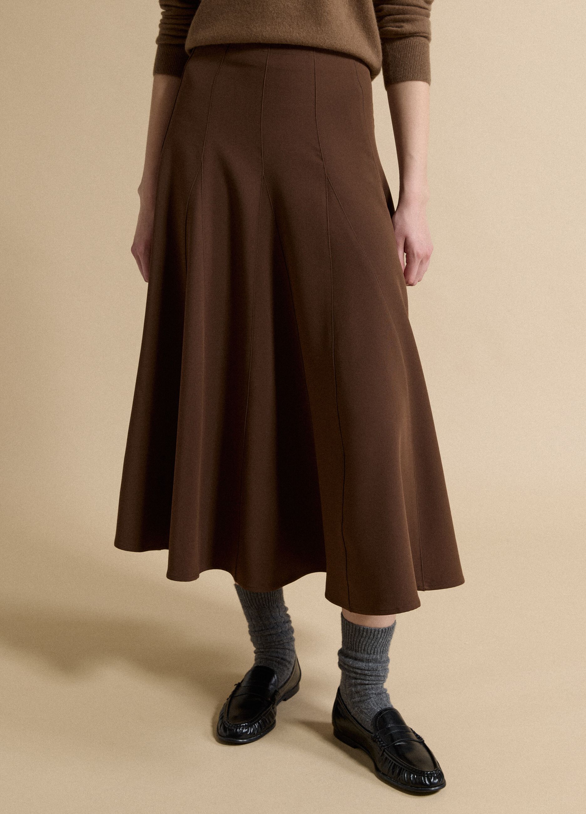 Brown stretch viscose skirt with regular waist
