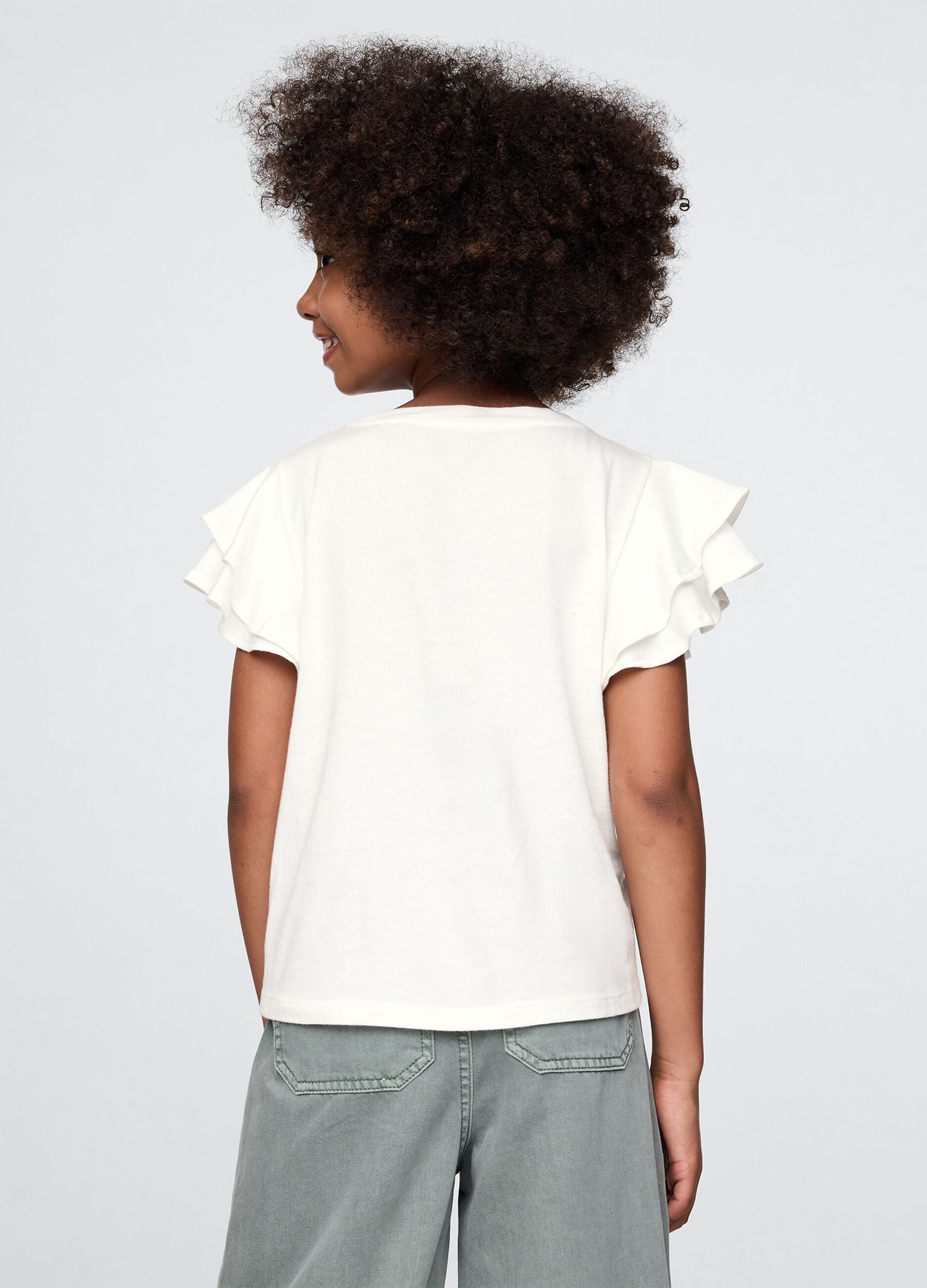 White short sleeve t-shirt with frills and floral print