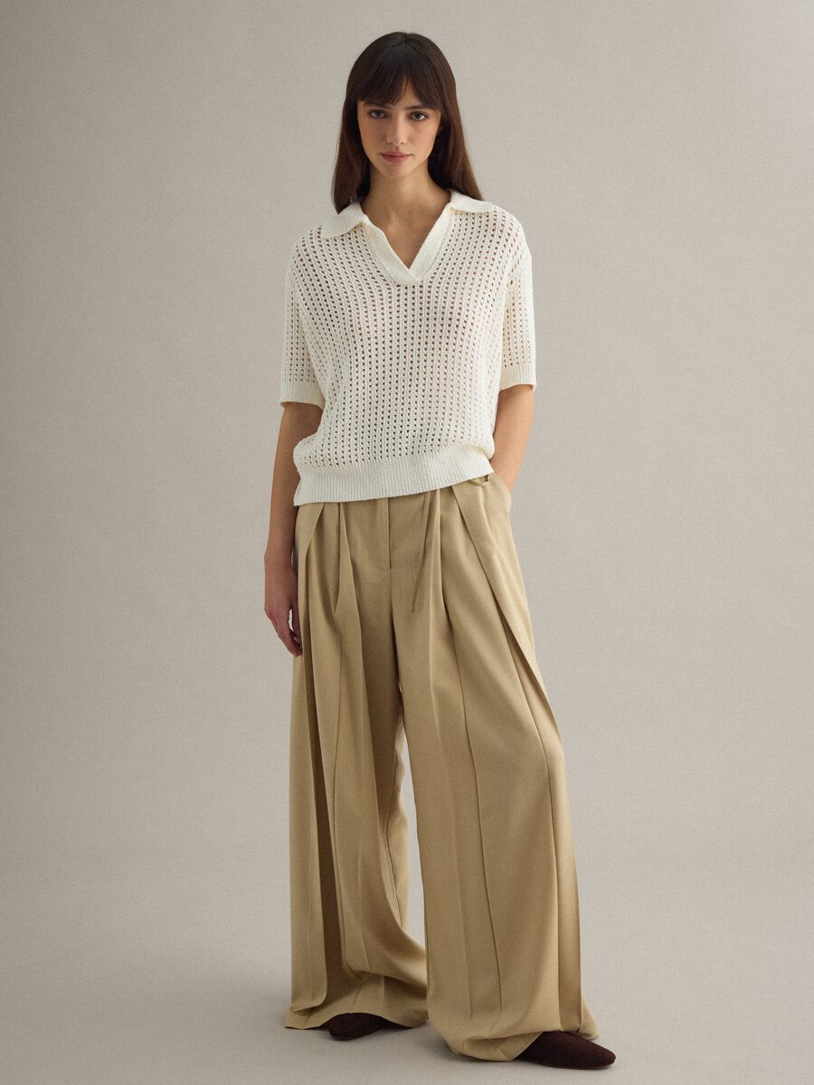 White cotton blend perforated polo collar shirt, regular fit_1