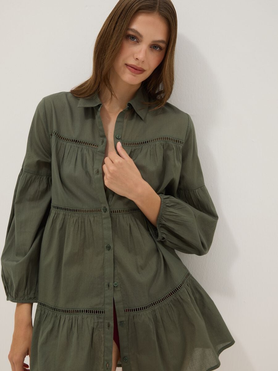 Green pure organic cotton kaftan with ruffles and broderie inserts_2
