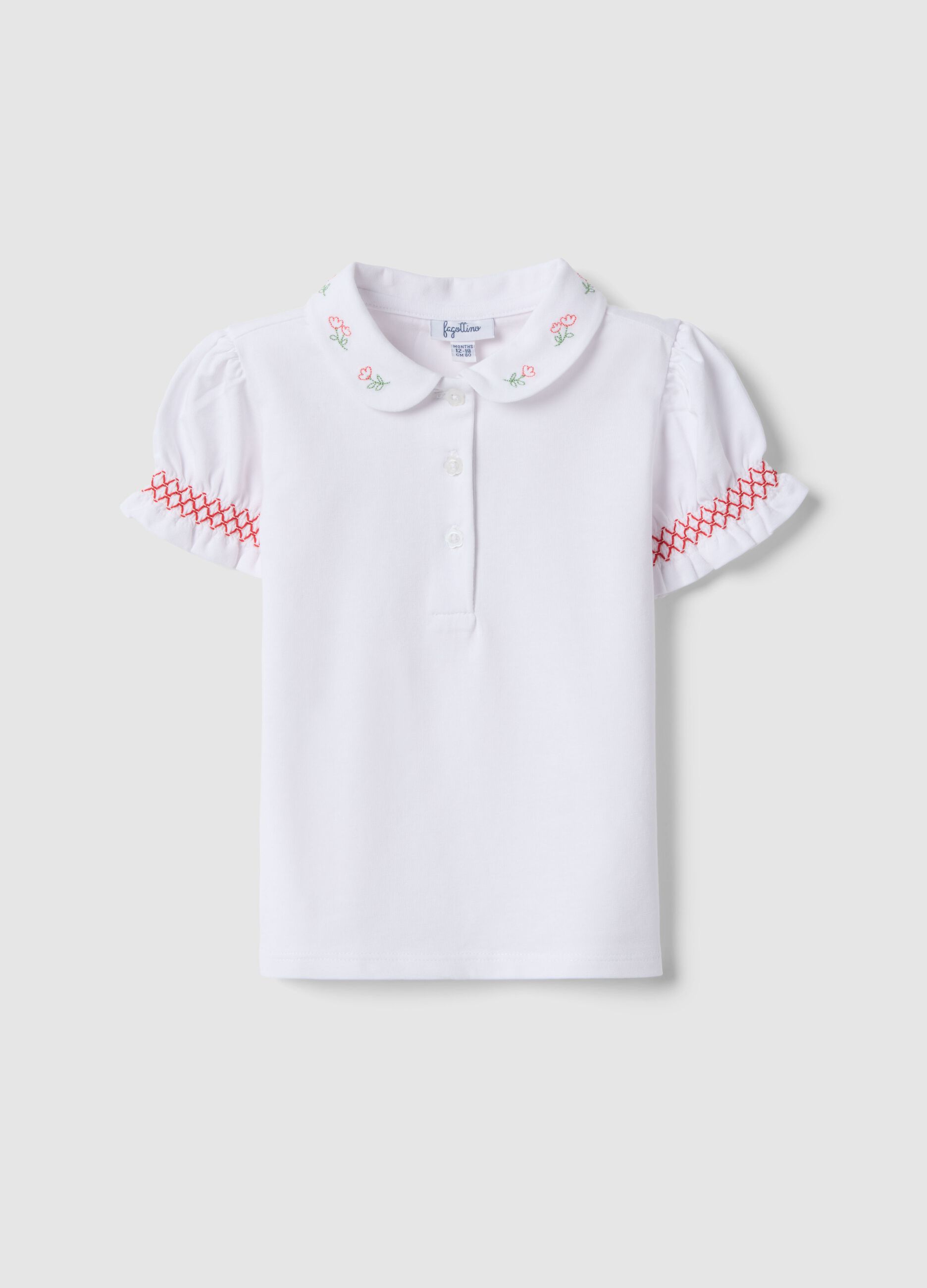 White stretchy cotton girls' polo shirt regular fit with embroidery