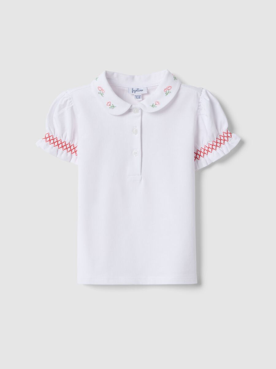 White stretchy cotton girls' polo shirt regular fit with embroidery_0