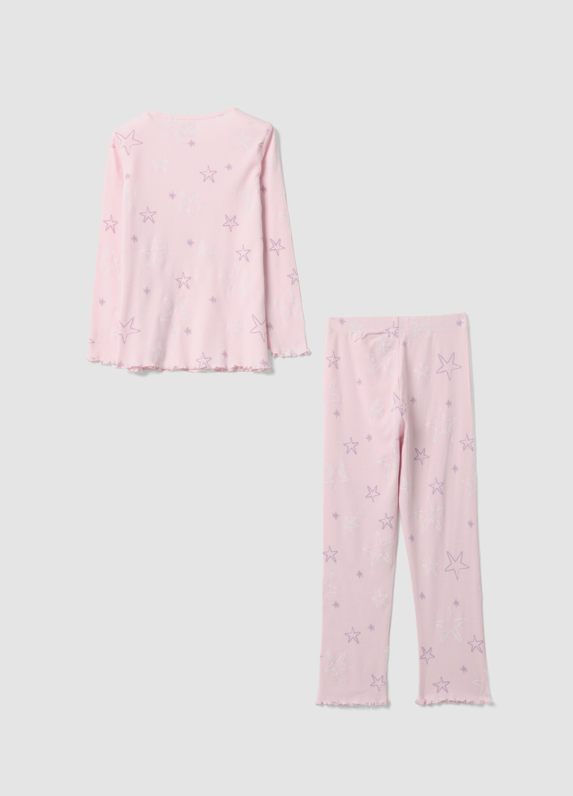 Pijama rosa de algod&atilde;o org&acirc;nico puro canelado com estrelas para menina