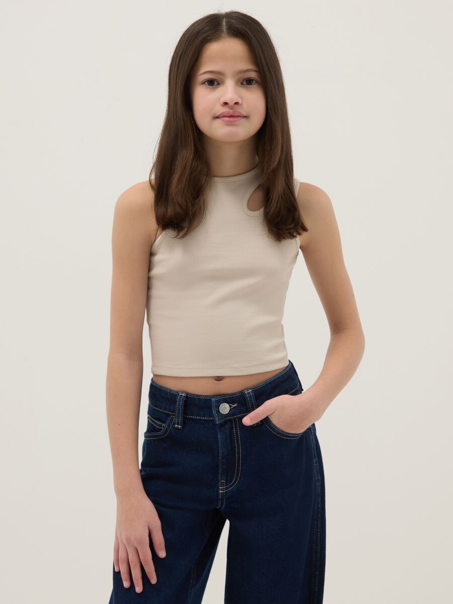 Girls' beige fitted cotton stretch tank top_0