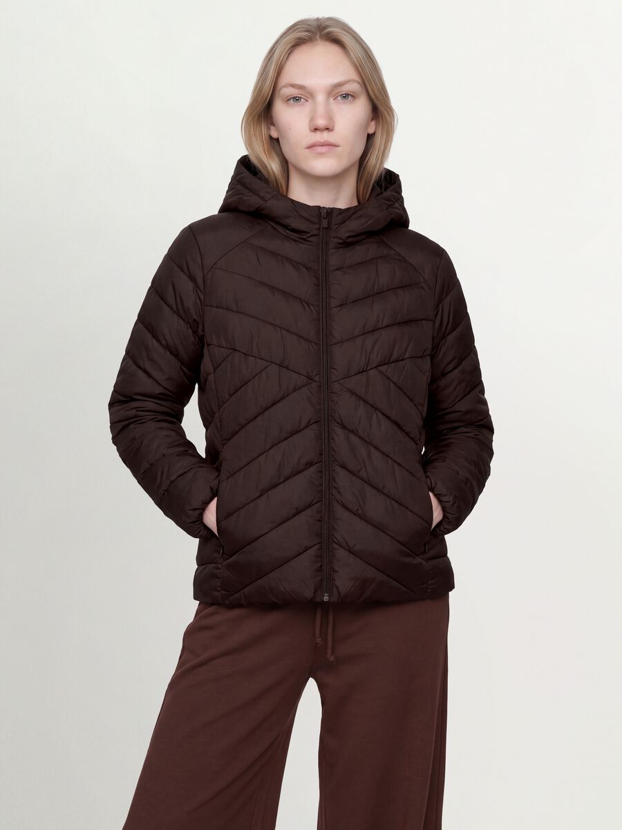 Brown Ultralight Quilted Jacket with Hood and Zip_0