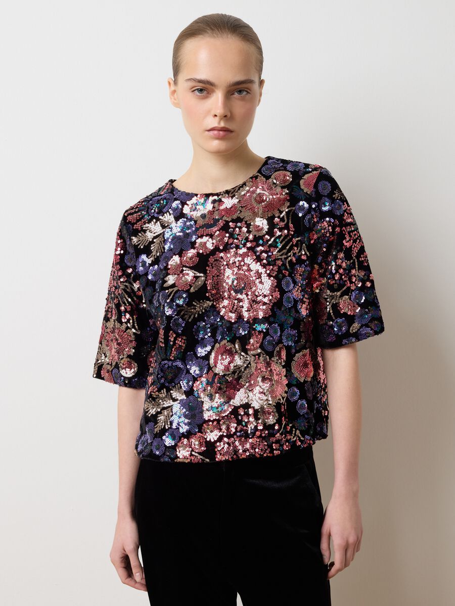 Multicoloured floral top regular fit with sequins_1