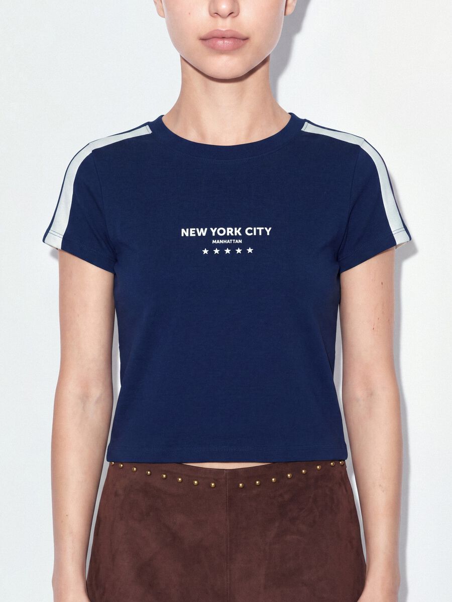 Blaues T-Shirt aus reiner Baumwolle mit Rundhalsausschnitt und New York City-Print_3