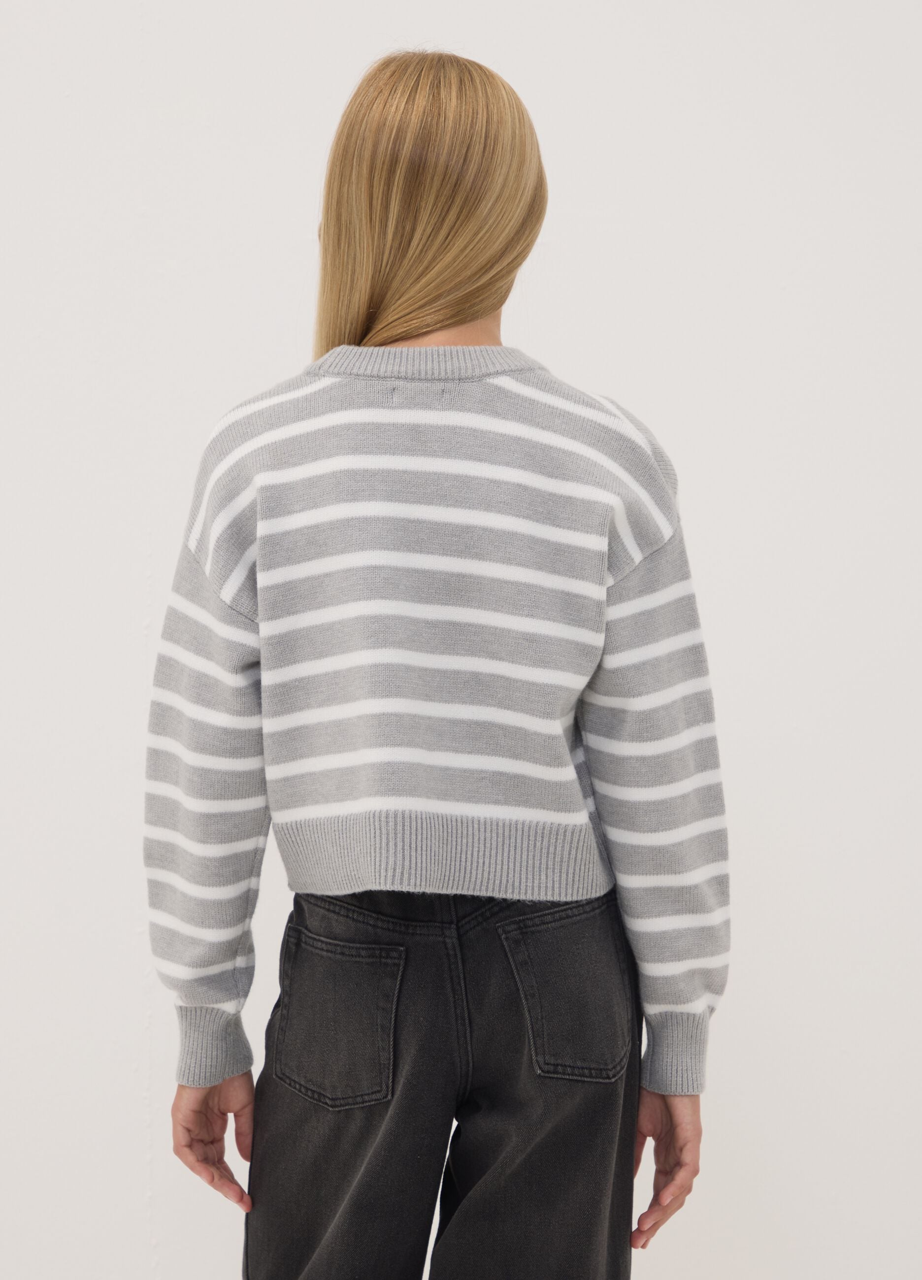 Grey striped viscose-blend crew-neck jumper