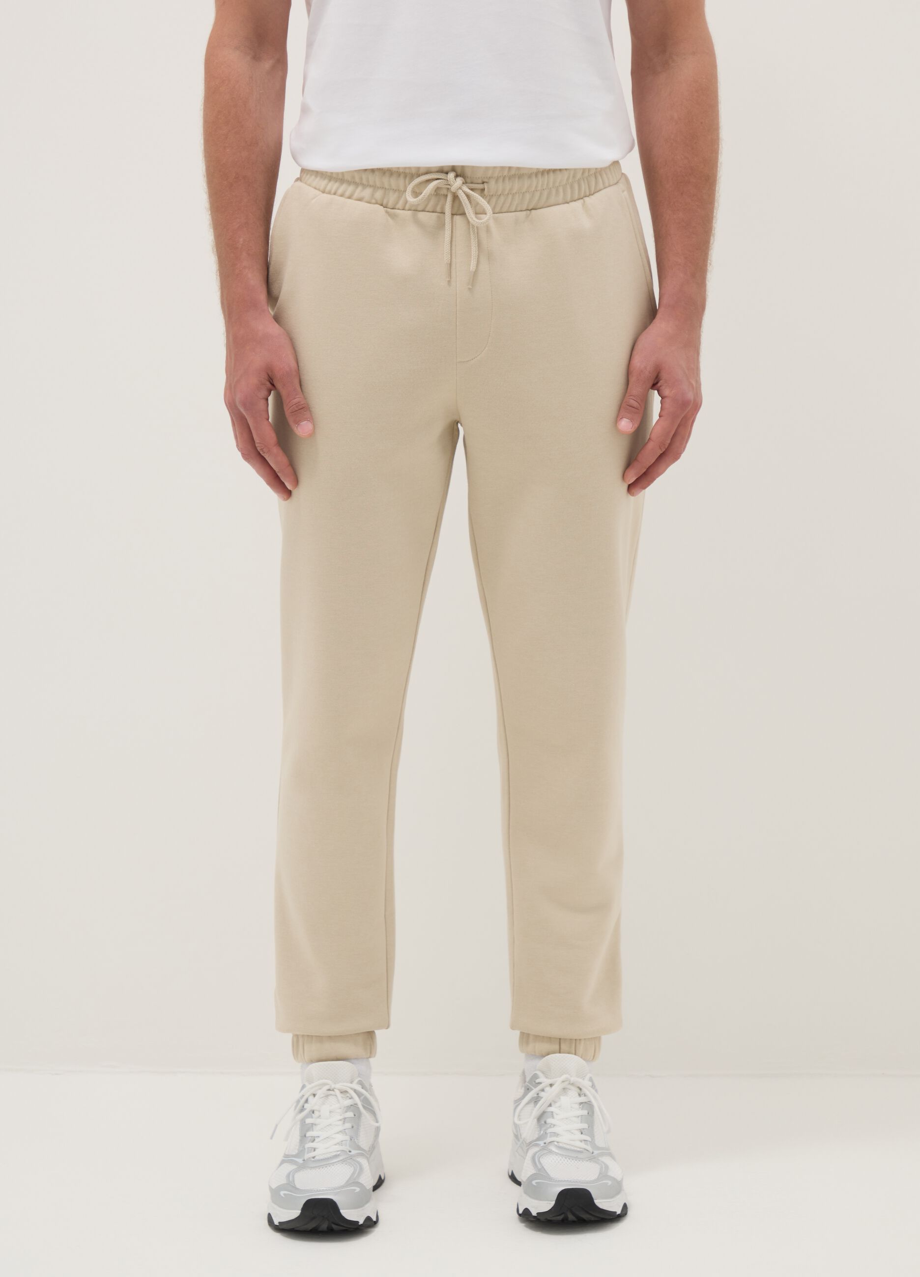 Beige cotton blend jogger trousers regular fit
