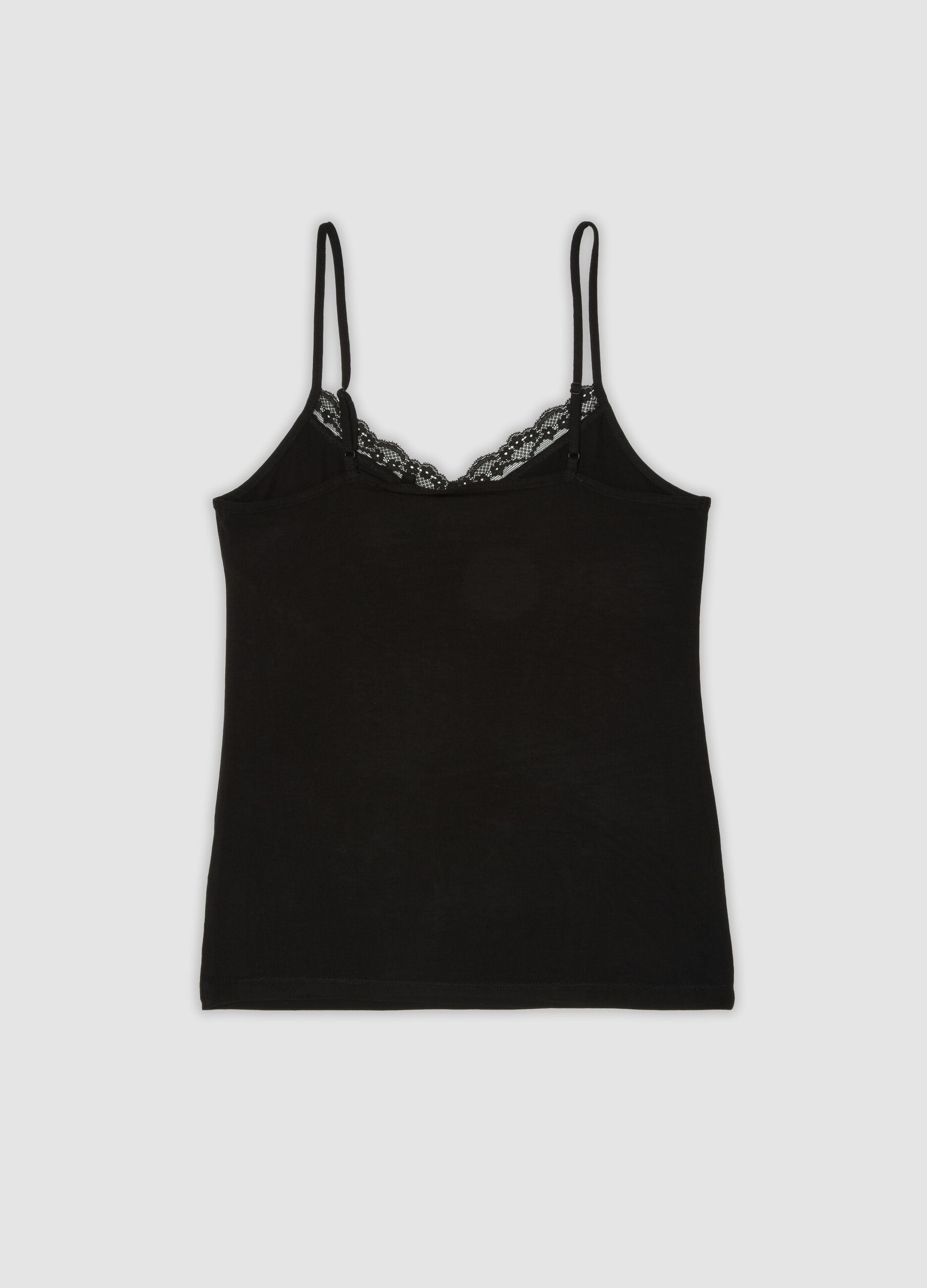 Black stretch viscose vest top with deep V-neck lace trim