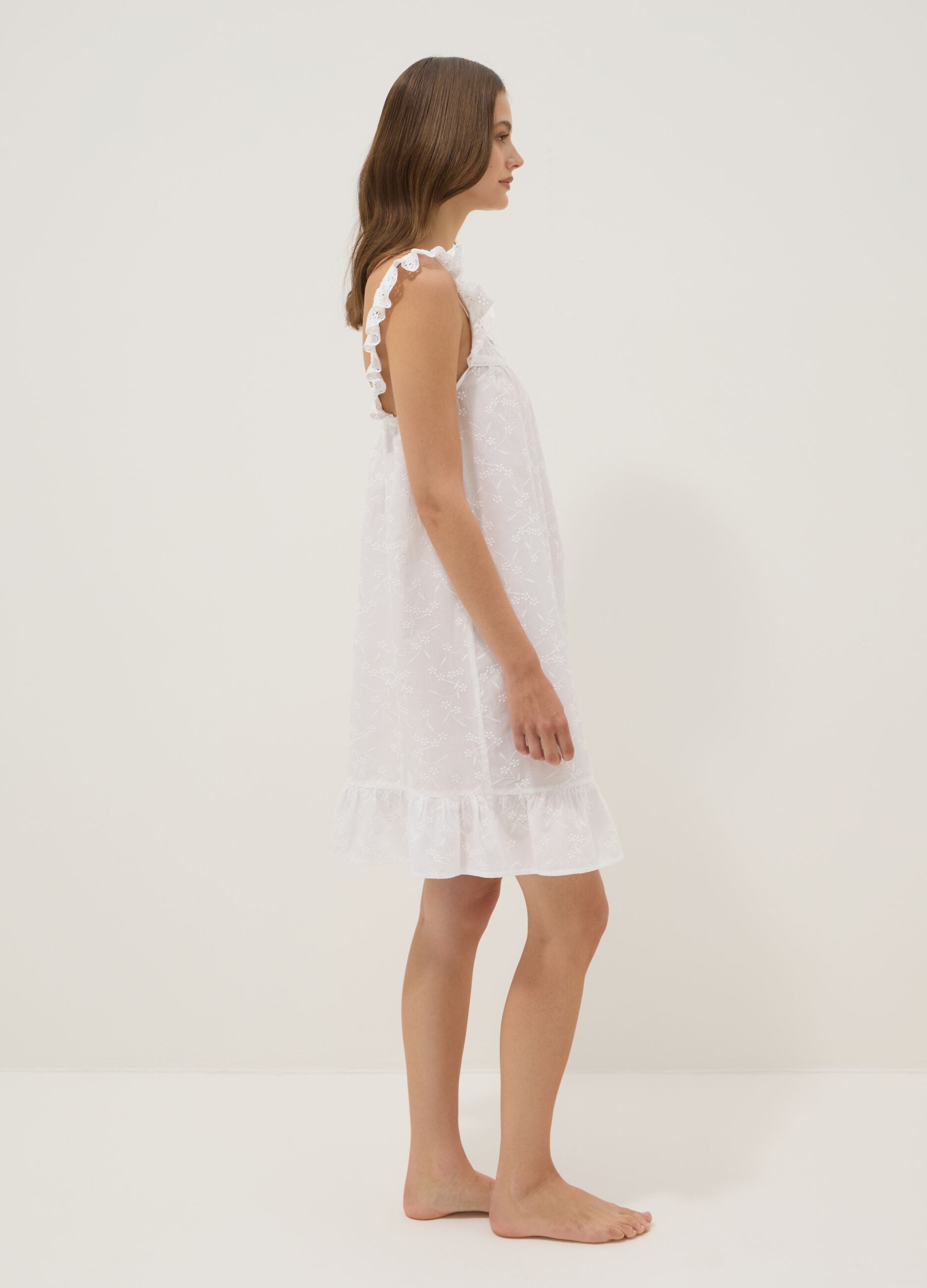 White organic cotton nightdress with ruffles