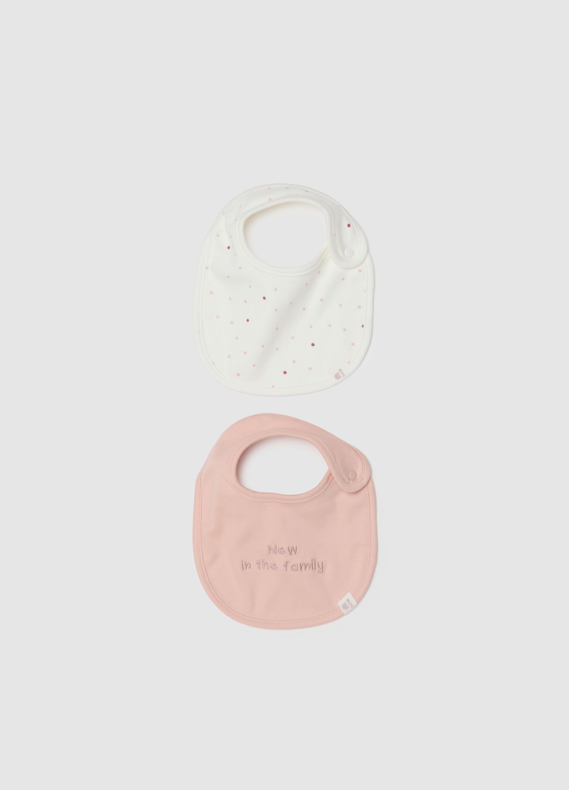 Multi-coloured newborn bib twin pack in pure cotton with decorations