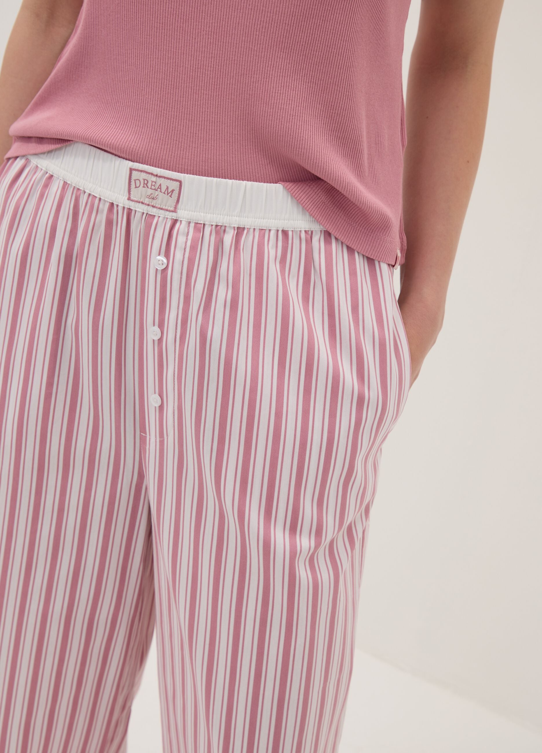 Rosa gestreifte Pyjamahose aus elastischem Baumwollmisch-Popeline
