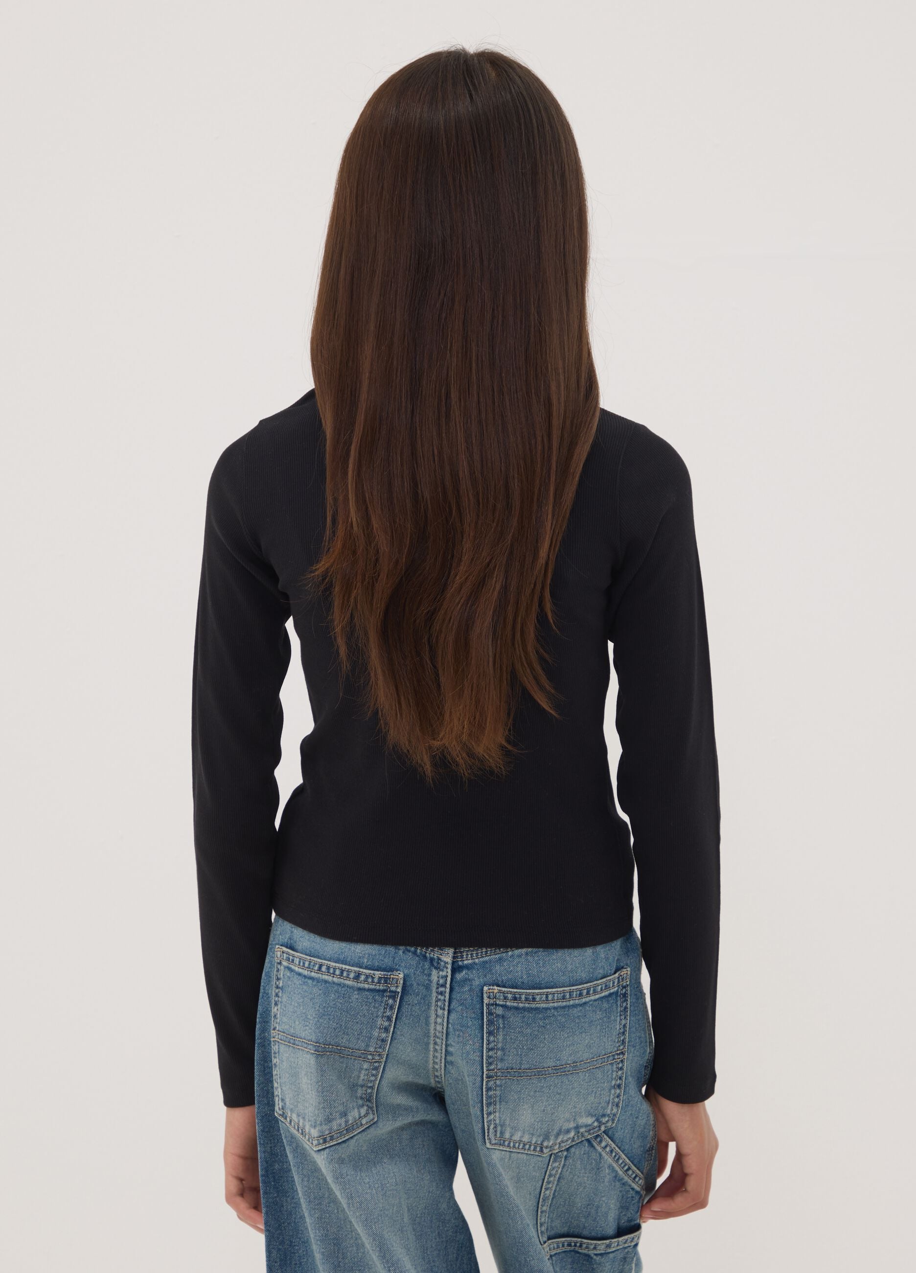Black stretch organic cotton T-shirt with ribbed neckline