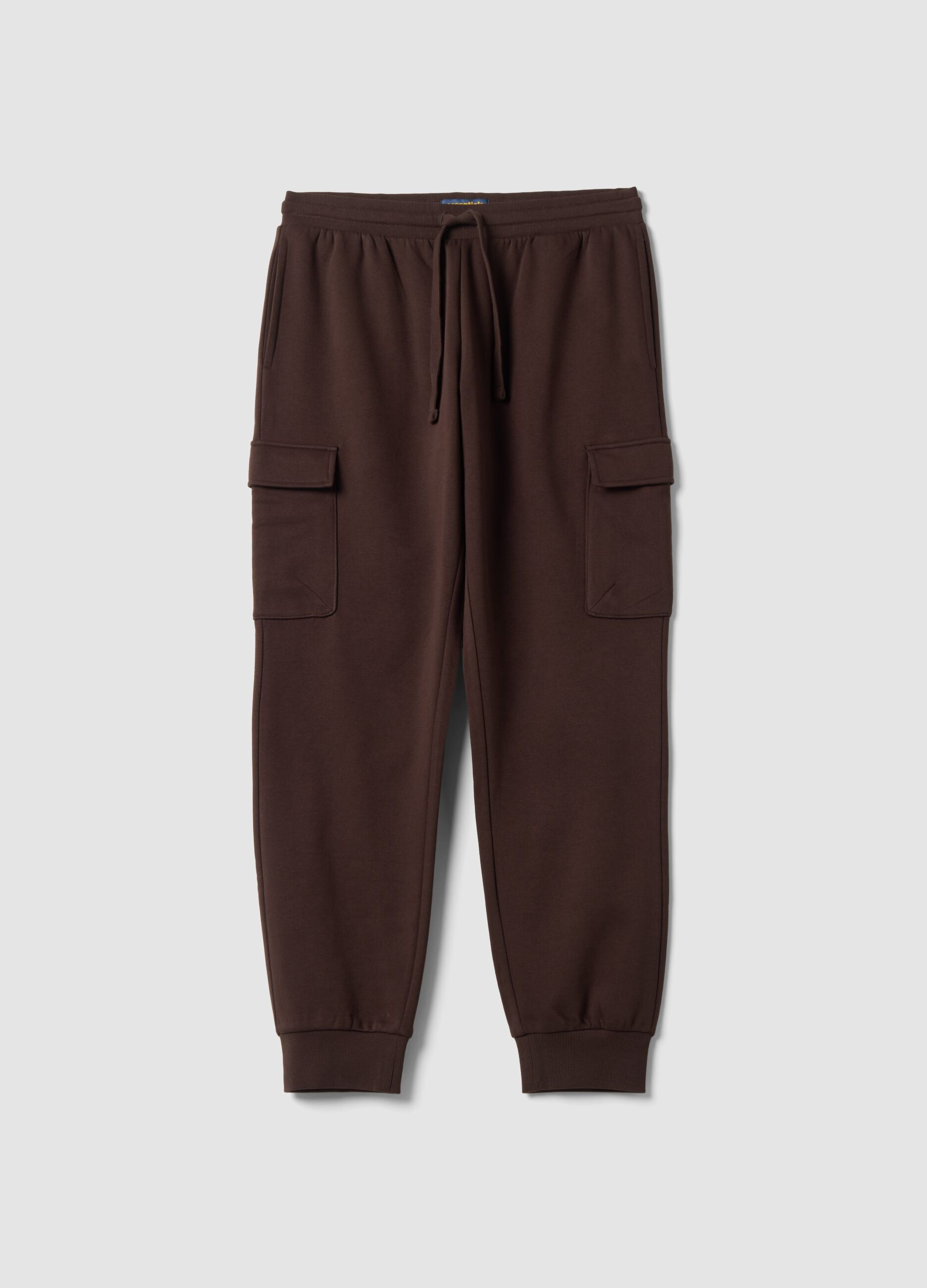 Brown cotton-blend cargo jogger trousers with drawstring, regular fit