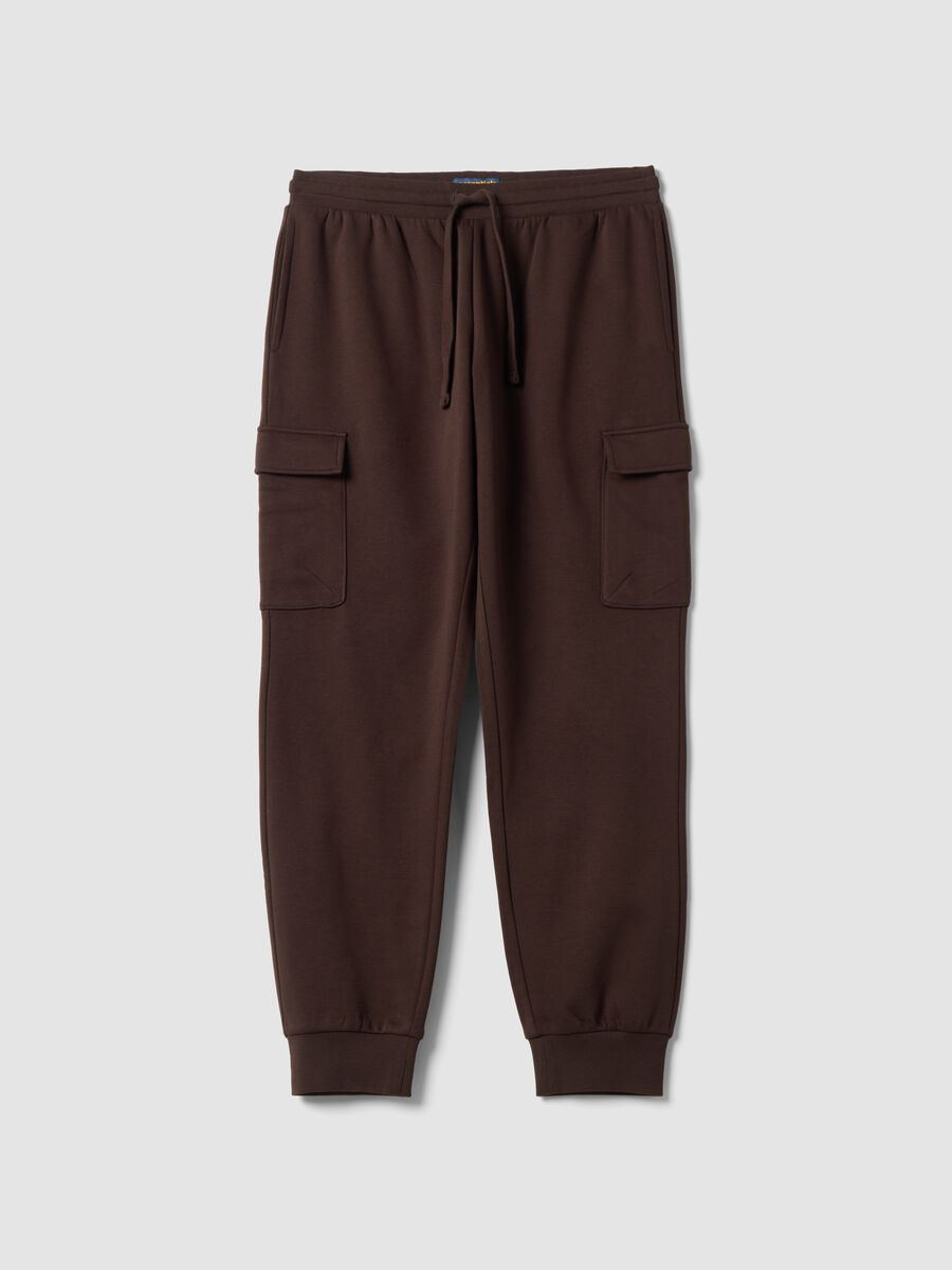 Brown cotton-blend cargo jogger trousers with drawstring, regular fit_0