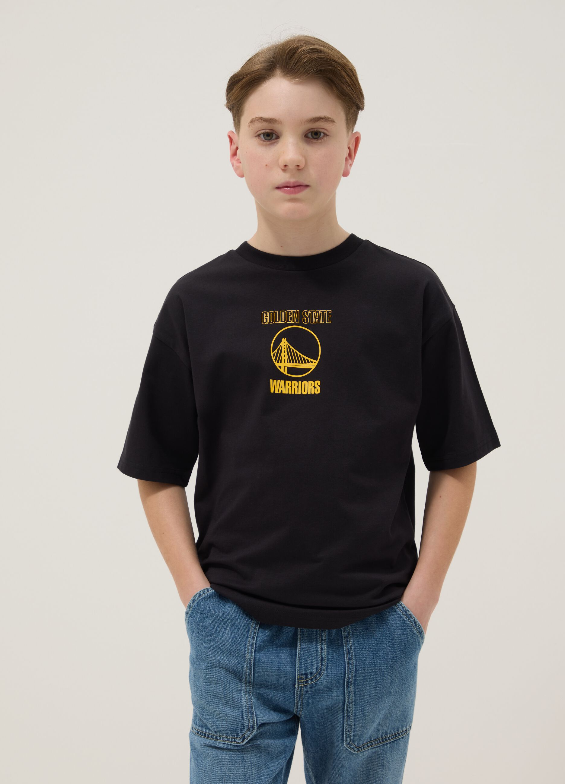 Children's black pure cotton oversized fit T-shirt with Golden State logo