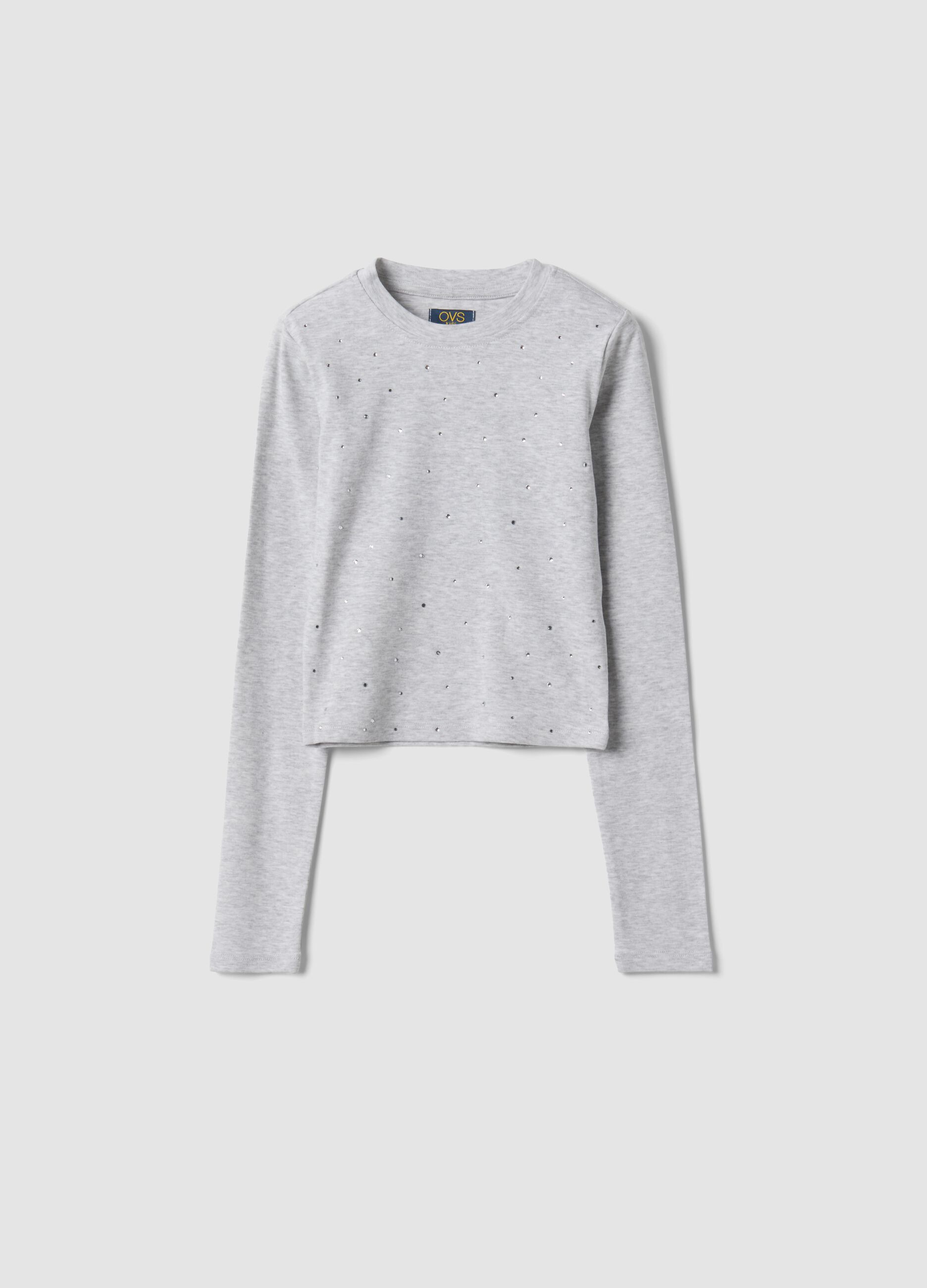 T-shirt cinzenta em algod&atilde;o org&acirc;nico e viscose el&aacute;stica com strass