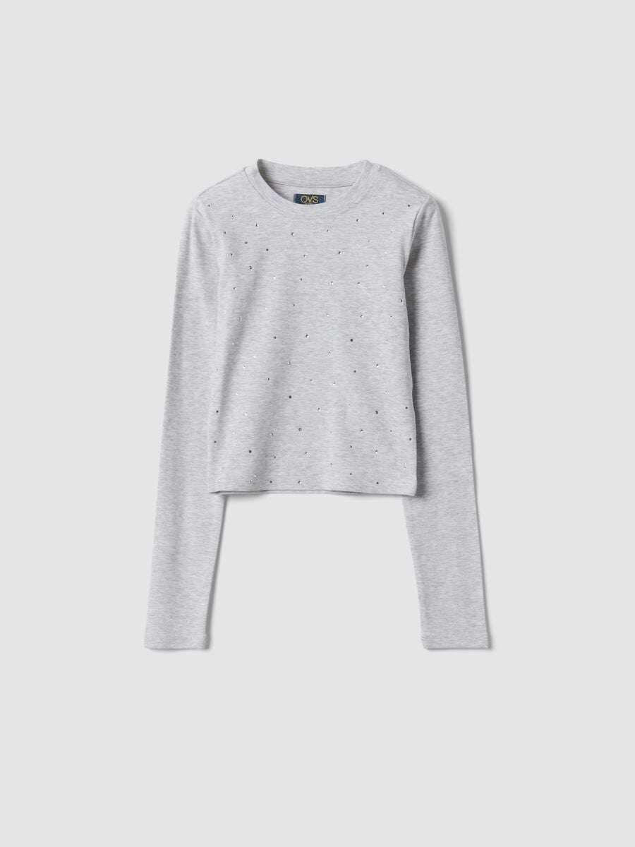 Grey organic cotton and stretch viscose T-shirt with rhinestones_3
