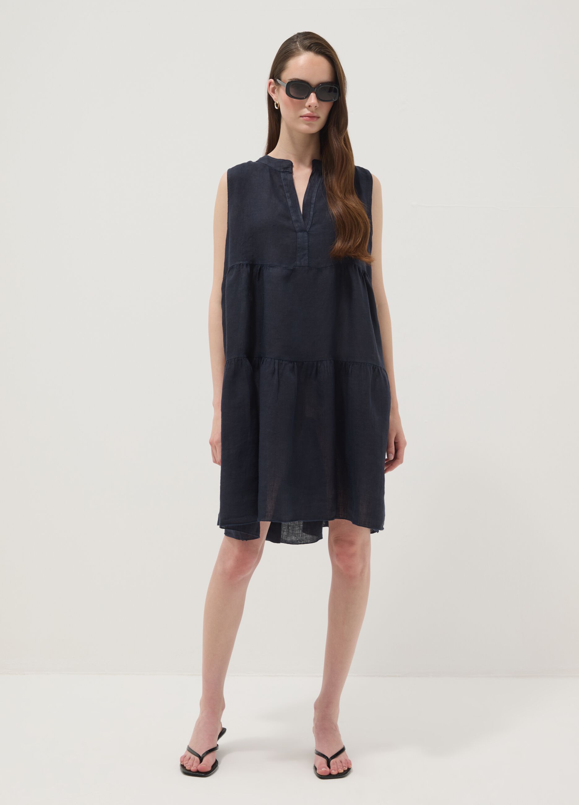 Blue sleeveless pure linen dress, regular fit