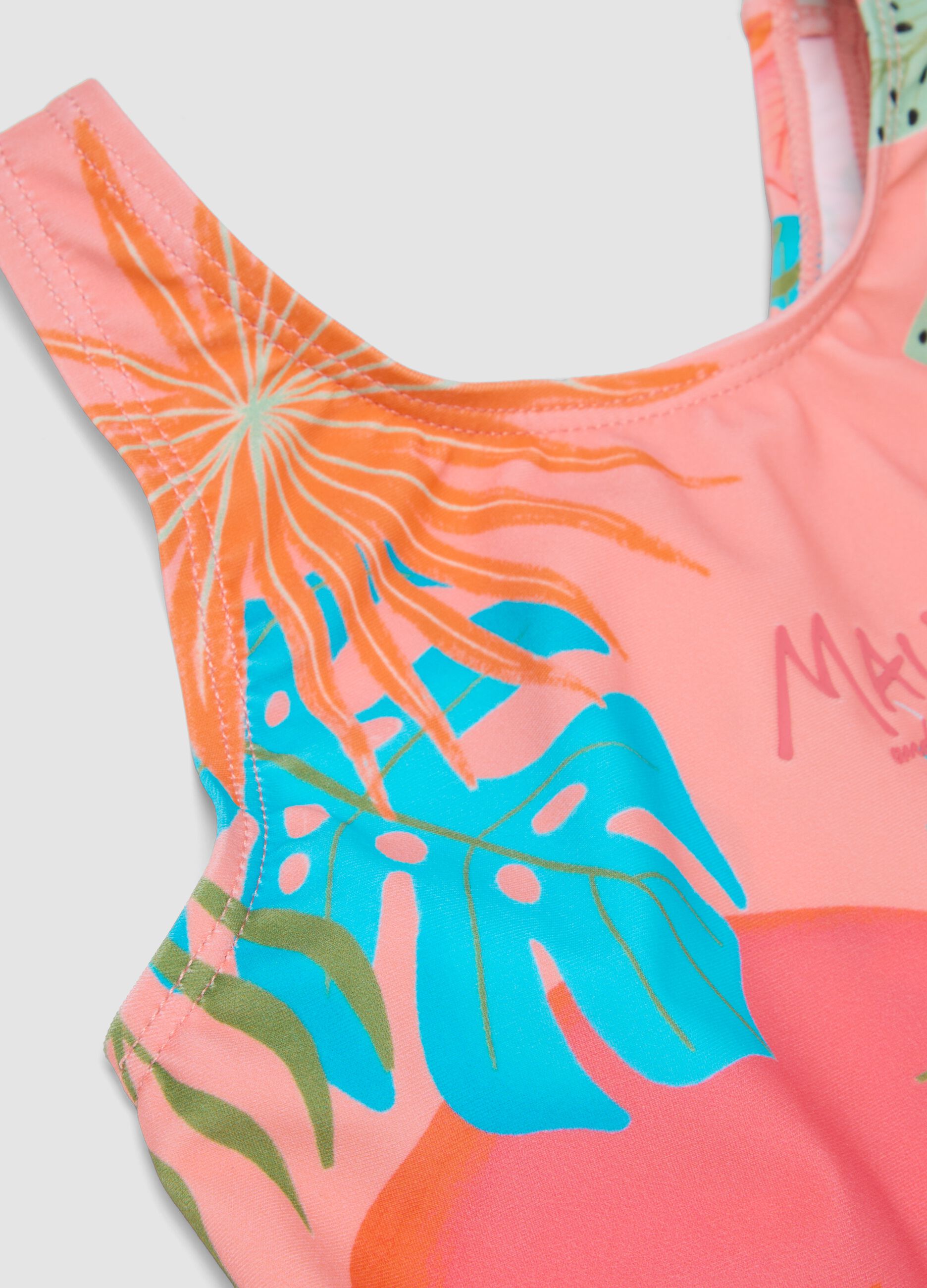 Pink tropical print girls&rsquo; swimsuit