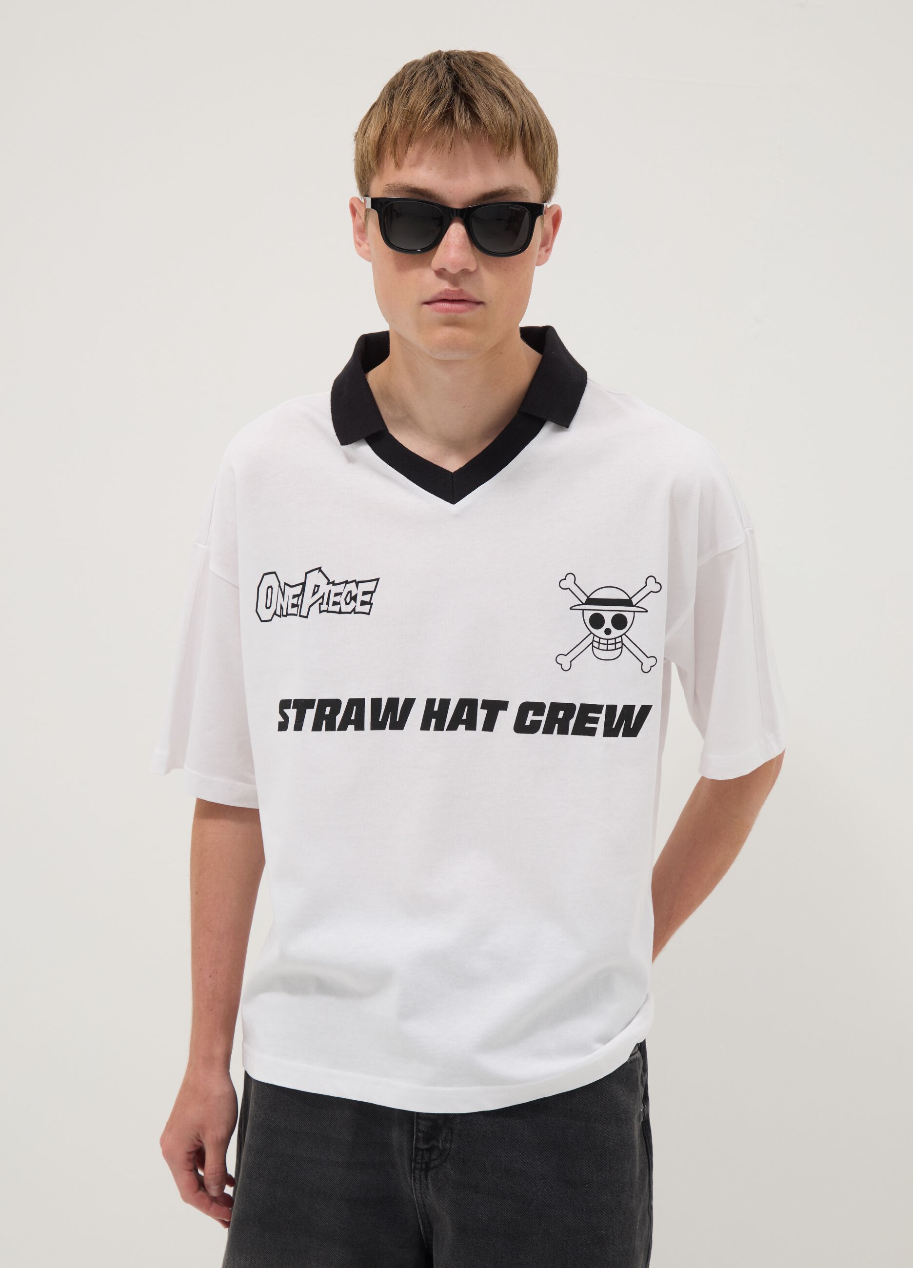 Wei&szlig;es T-Shirt aus reiner Baumwolle mit Kontrastkragen und One Piece-Print