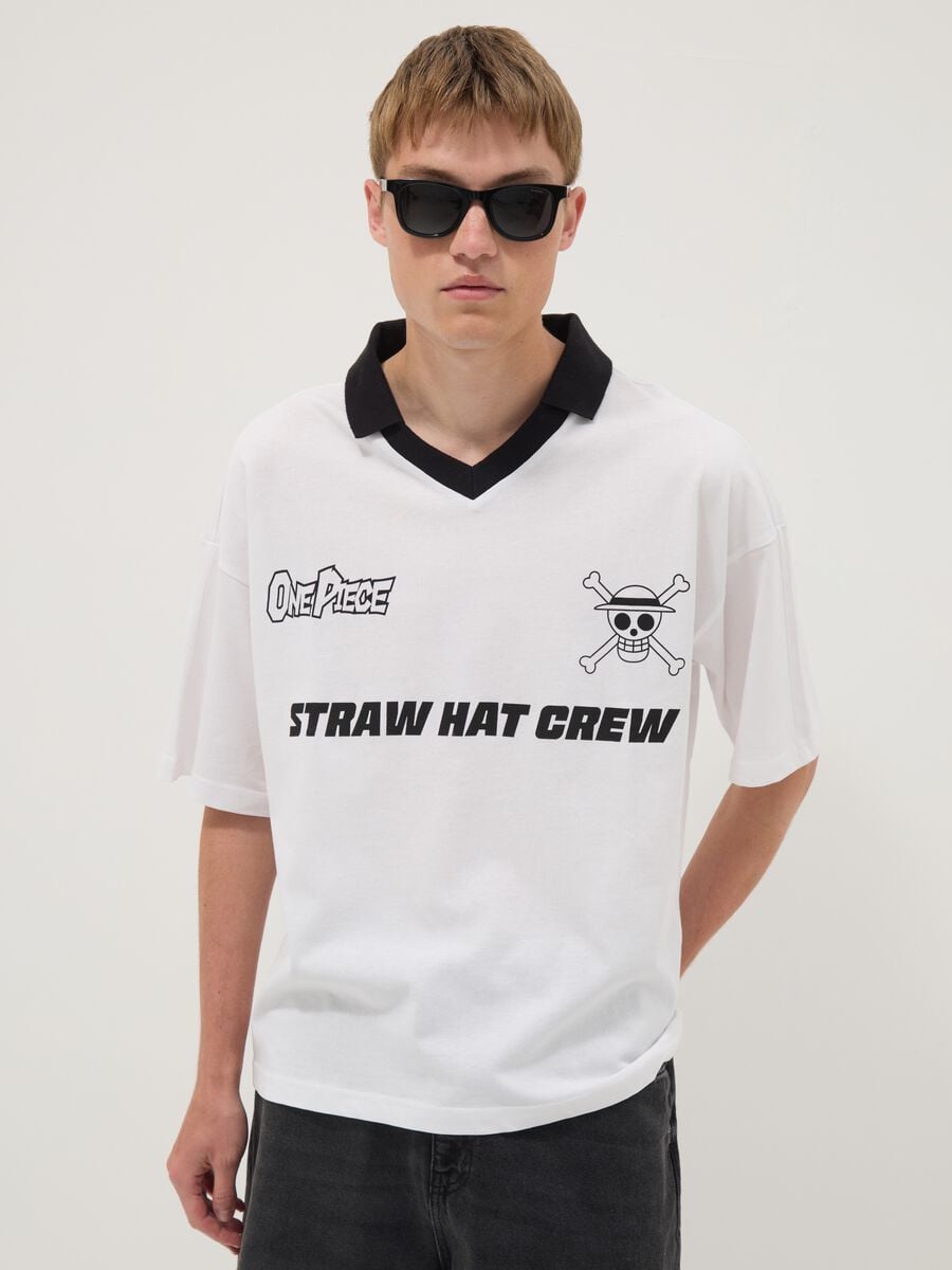 White pure cotton T-shirt with contrast collar_0