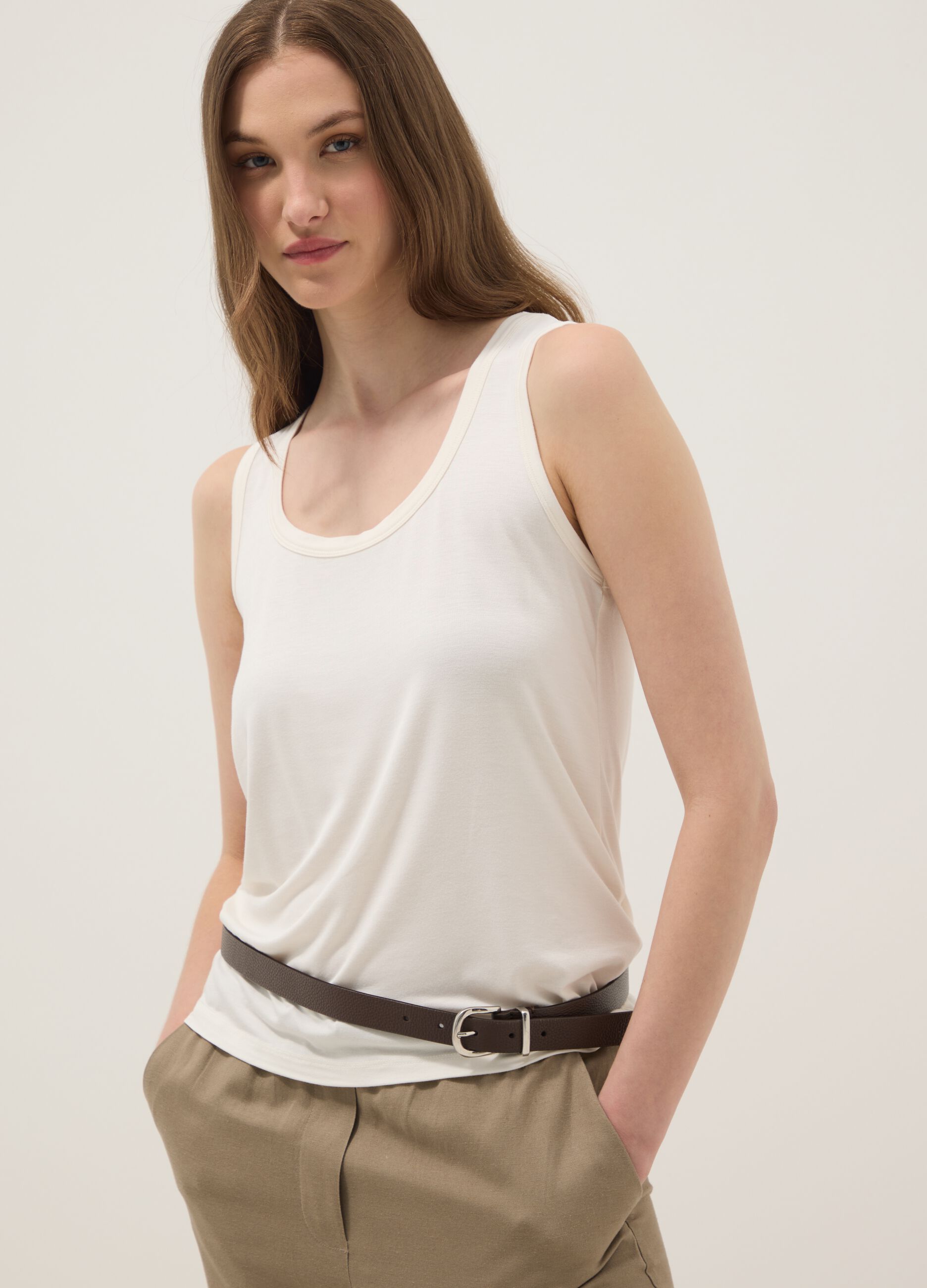 White stretch viscose tank top, regular fit