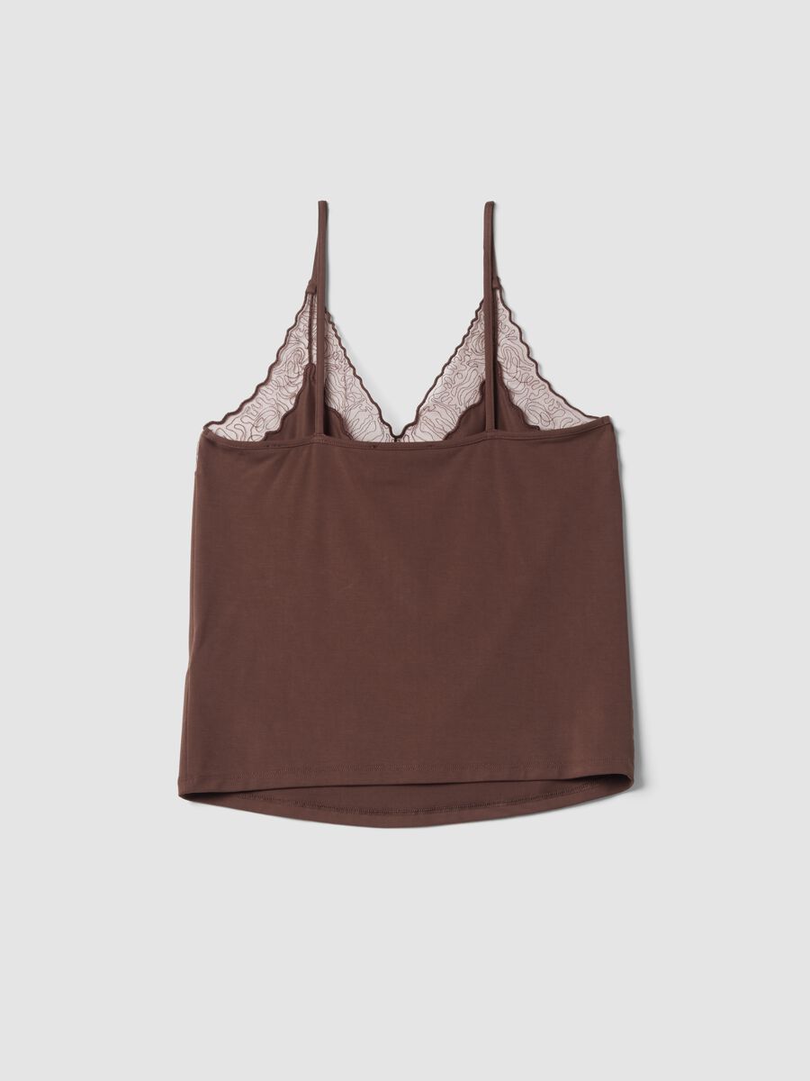 Brown stretch viscose tank top with lace and V-neckline_6