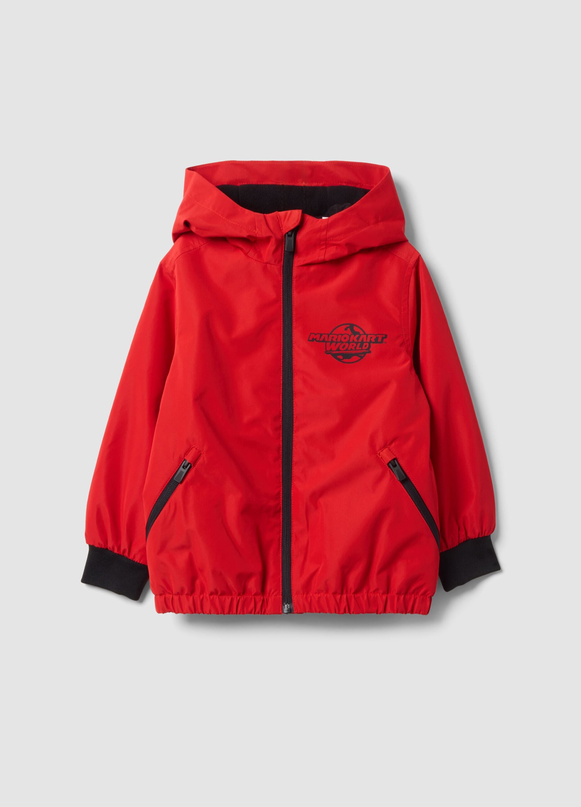 Rote Regenjacke mit Kapuze und Reissverschluss, Mario-Kart-Print