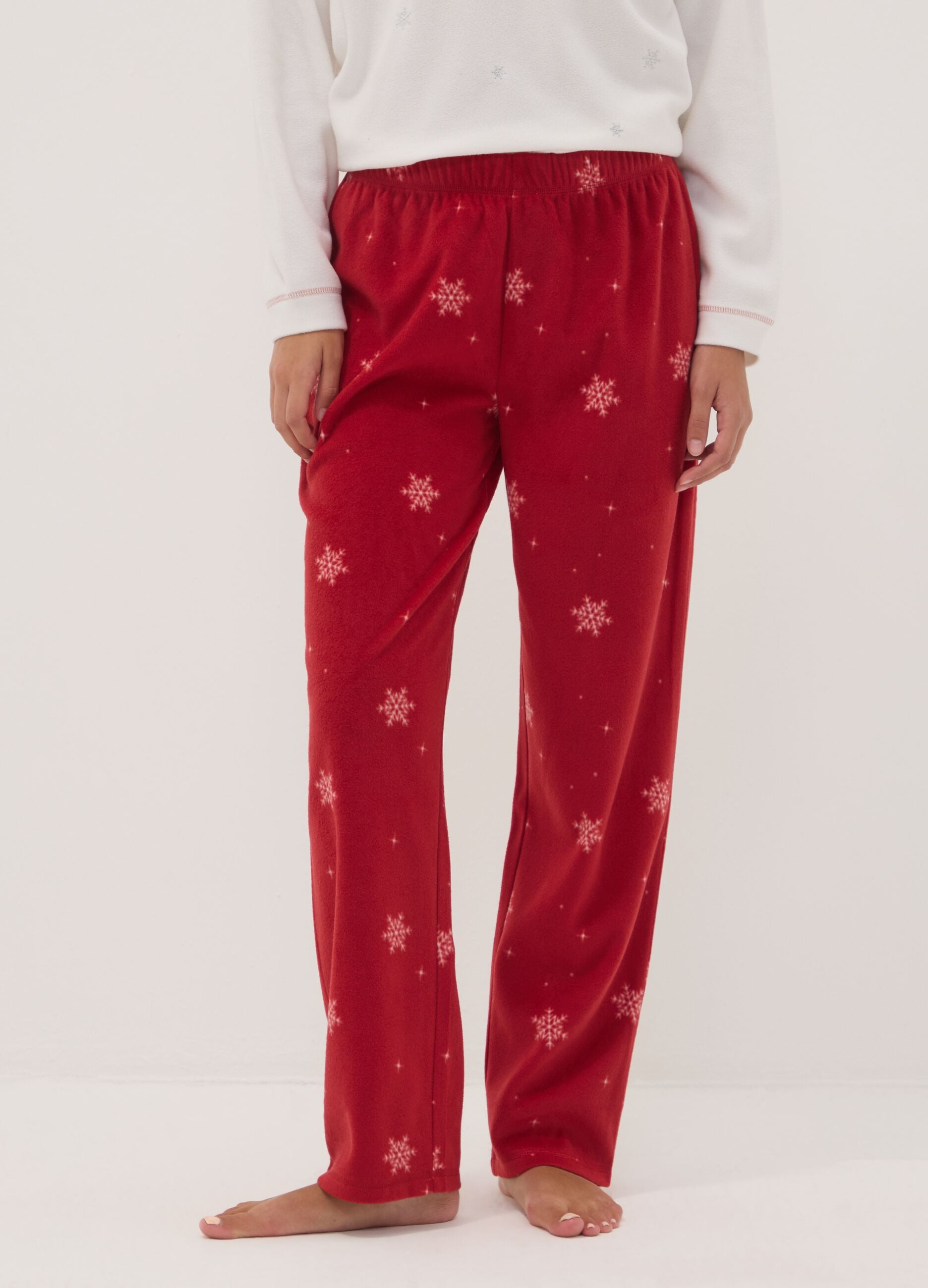 White fleece crew-neck regular-fit printed pyjamas
