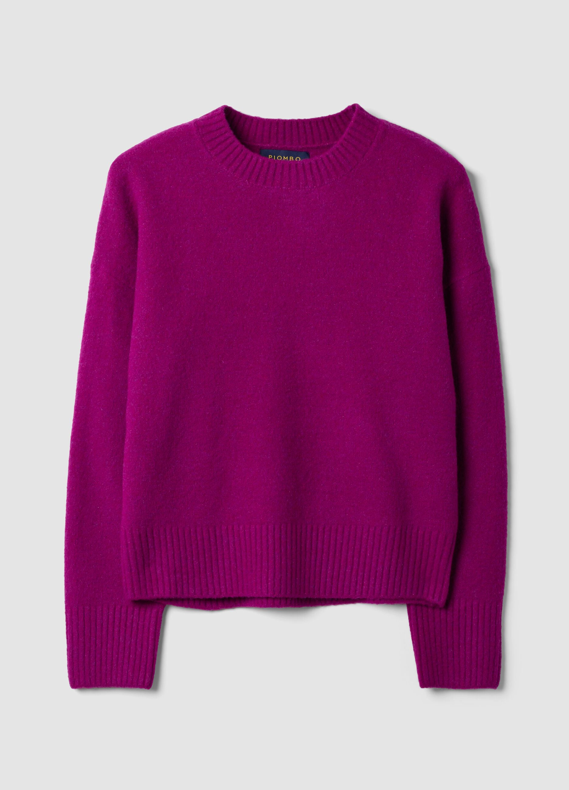 Camisola rosa em l&atilde; el&aacute;stica com decote redondo