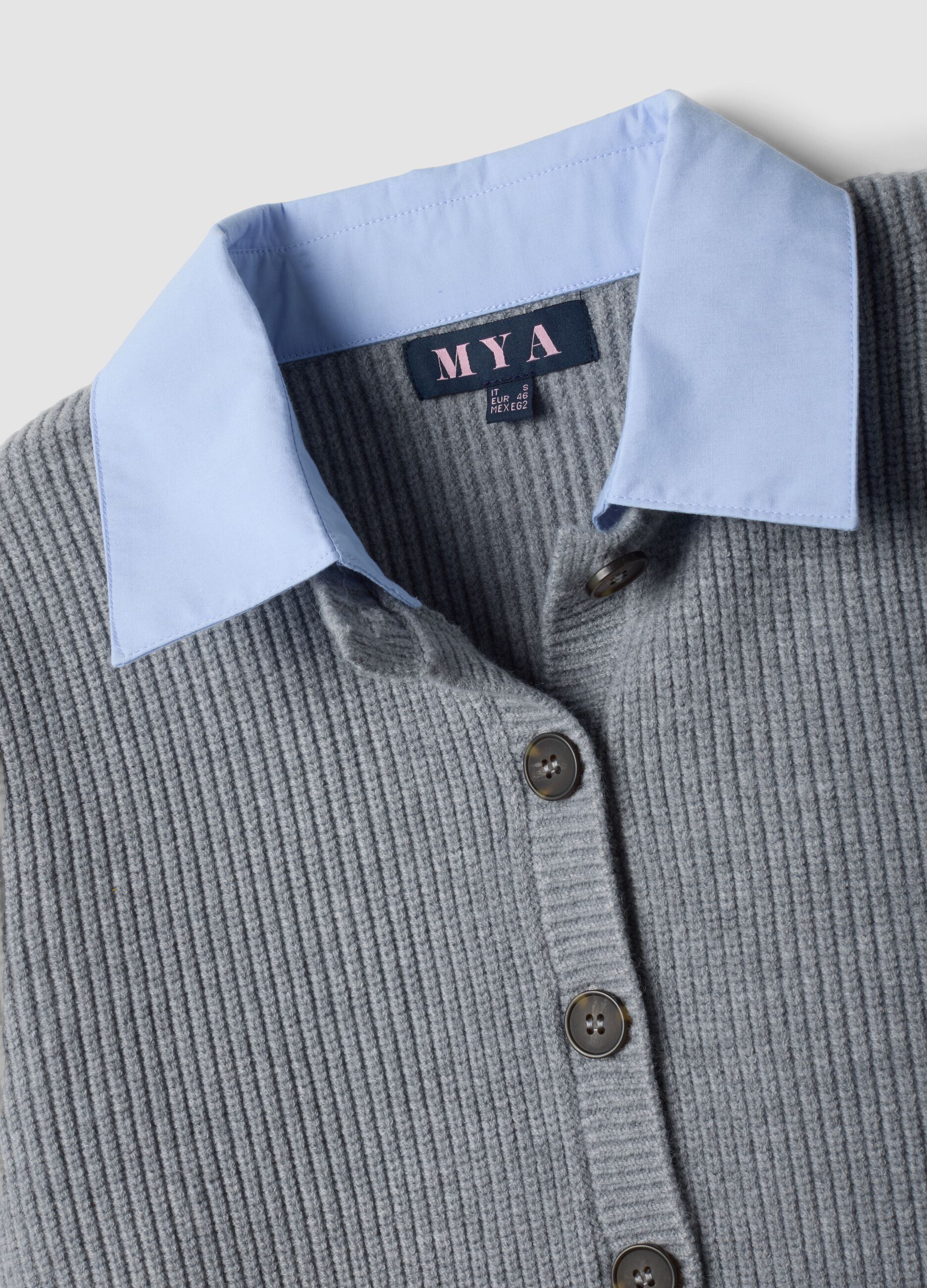 Grey rib-knit regular-fit cardigan with collar and layered-look detail