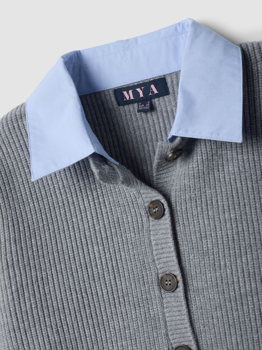 Grey rib-knit regular-fit cardigan with collar and layered-look detail_1
