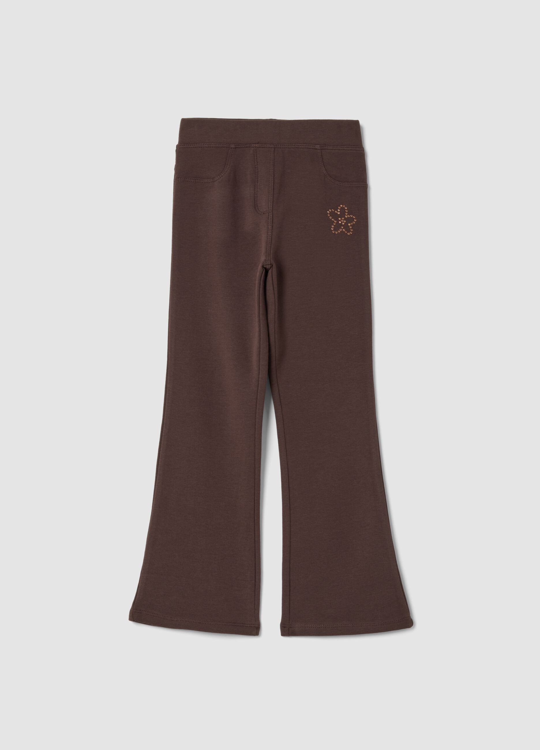Treggings castanhas &agrave; boca de sino em algod&atilde;o el&aacute;stico